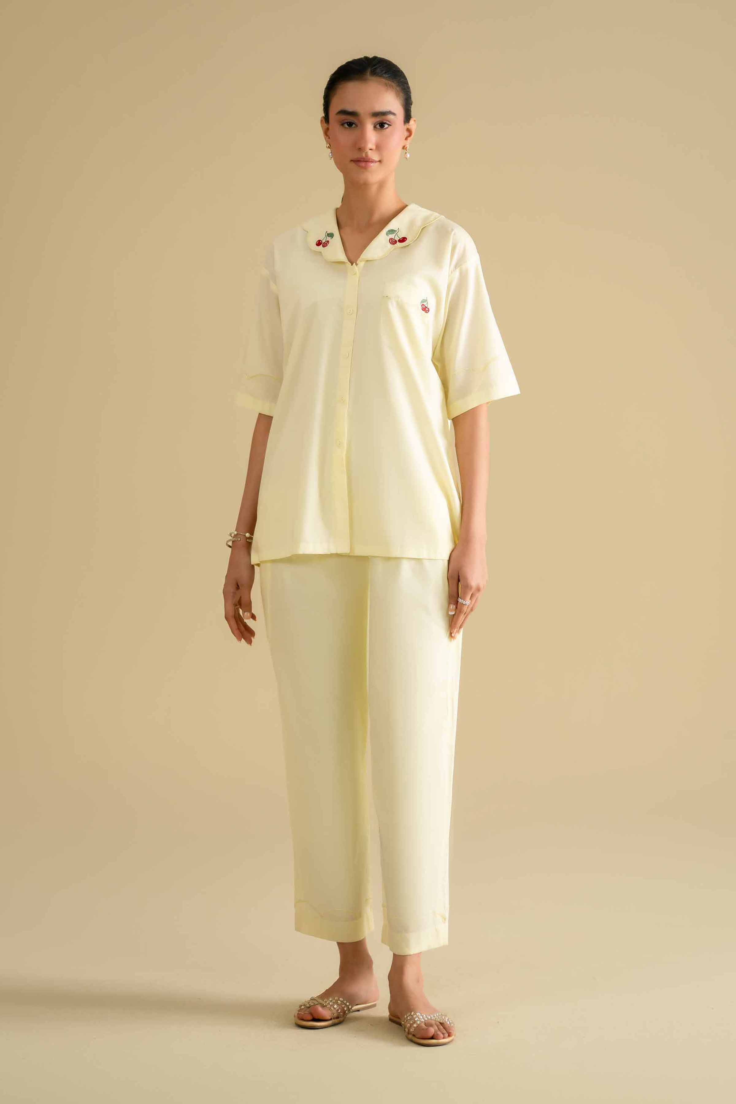 2 Piece - Embroidered Loungewear - KLS26-06 Yellow Cambric 2PC Embroidered LUXURY