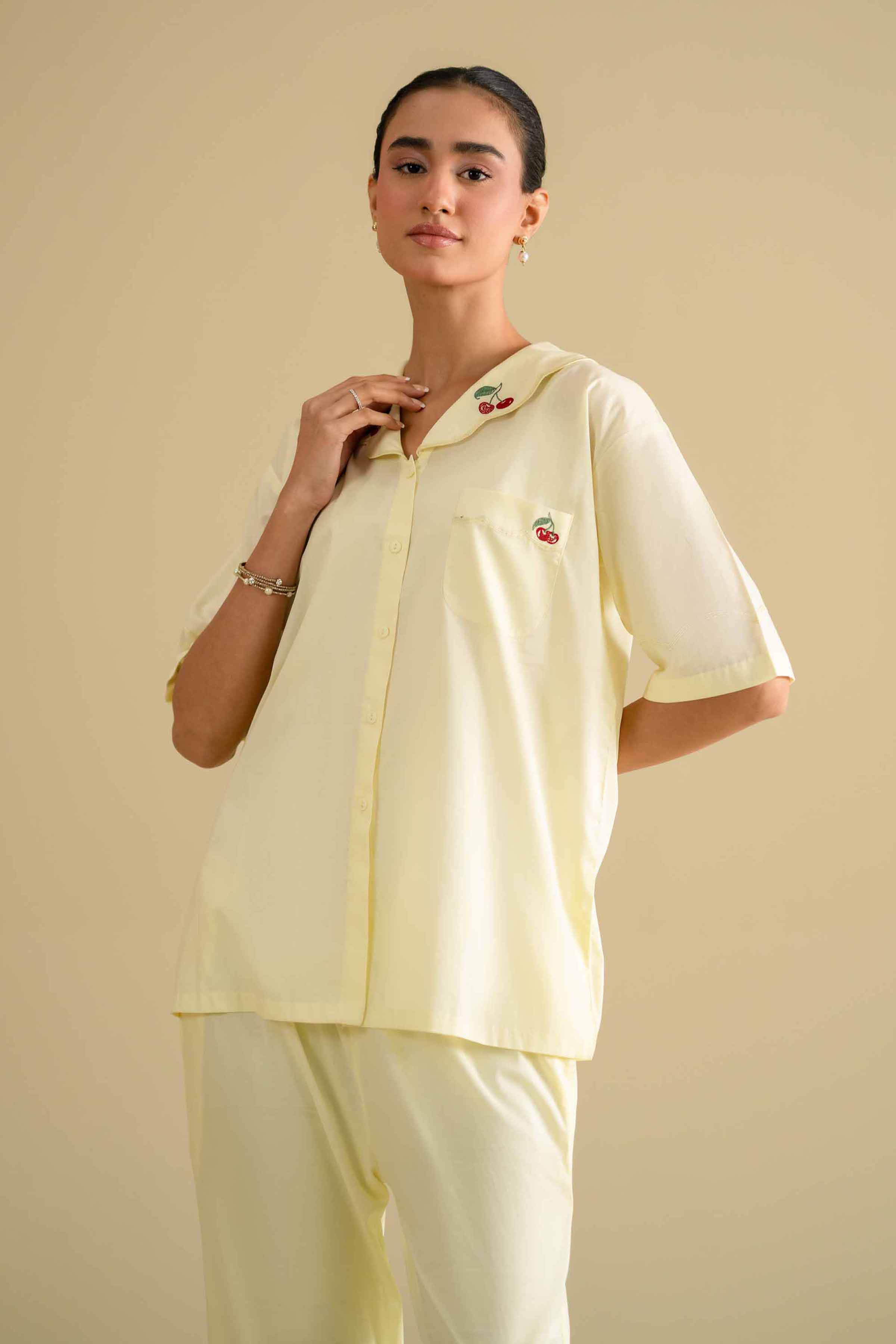 2 Piece - Embroidered Loungewear - KLS26-06 Yellow Cambric 2PC Embroidered LUXURY