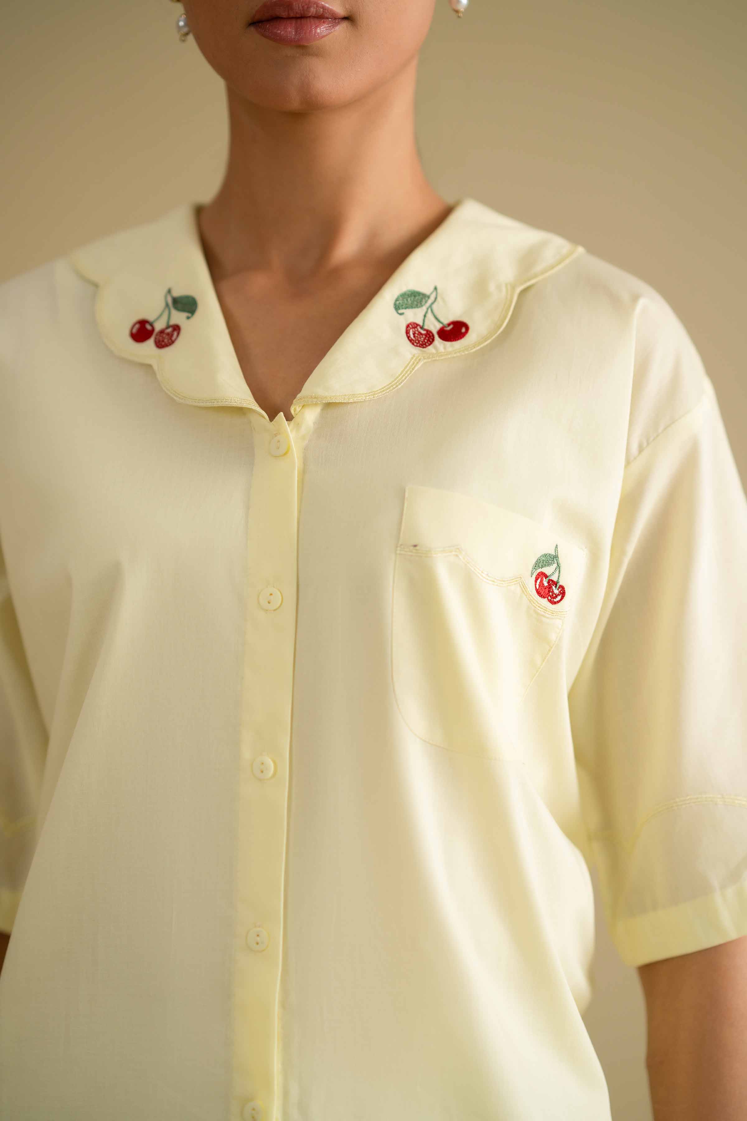 2 Piece - Embroidered Loungewear - KLS26-06 Yellow Cambric 2PC Embroidered LUXURY