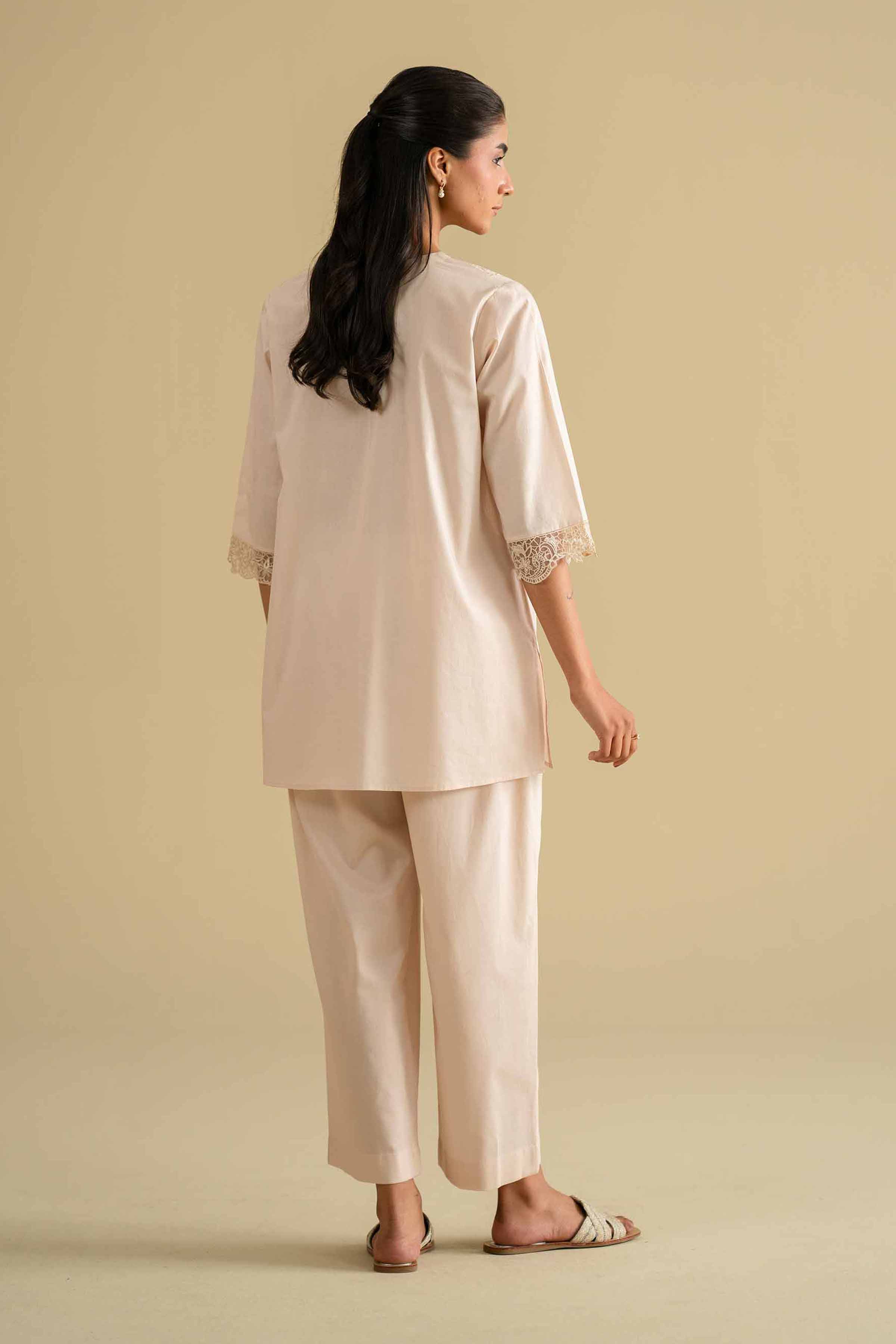 2 Piece - Embroidered Loungewear - KLS26-07 Beige Cambric 2PC Embroidered LUXURY