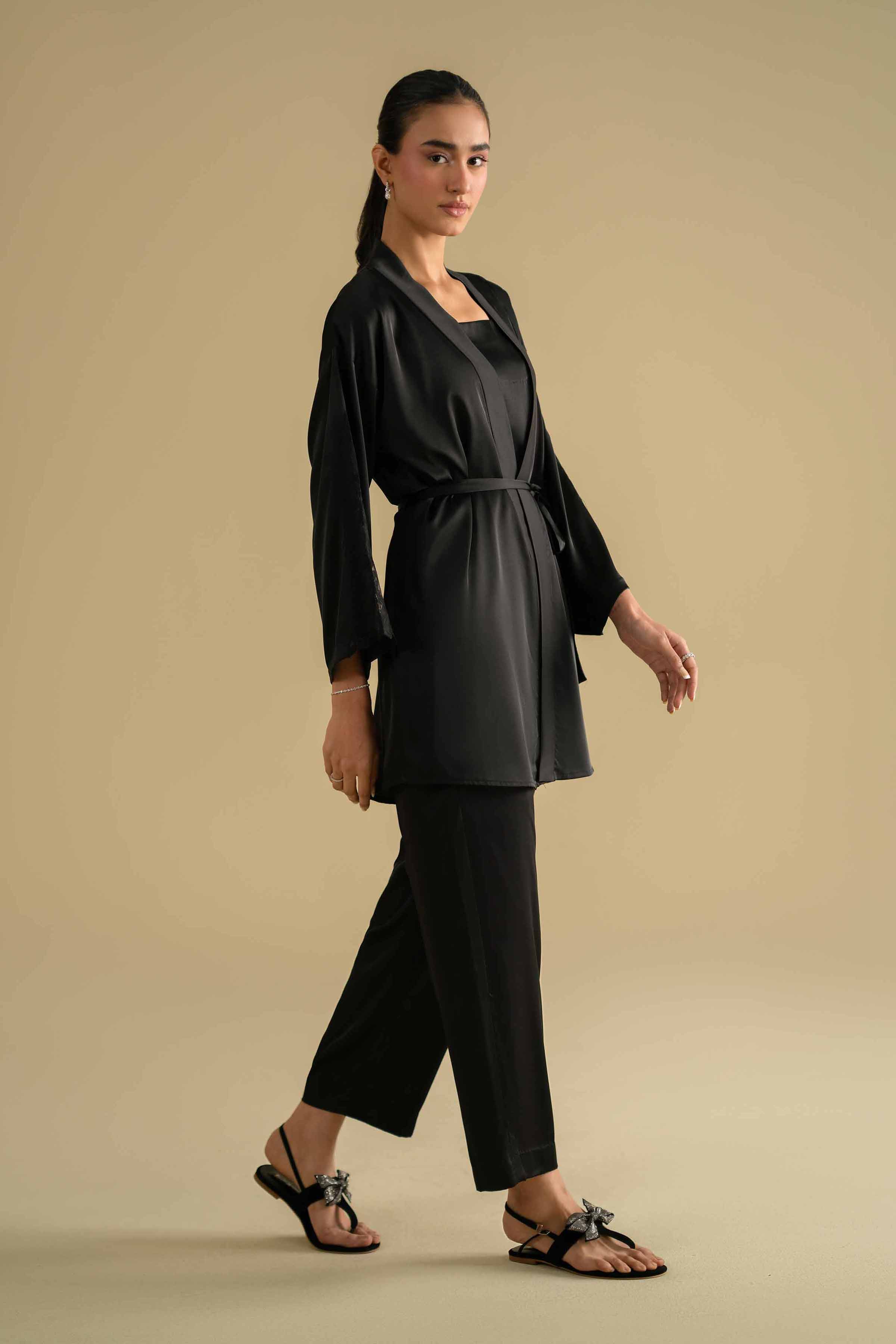 3 Piece - Embroidered Loungewear - KLS26-10 Black Silk 3PC Embroidered LUXURY