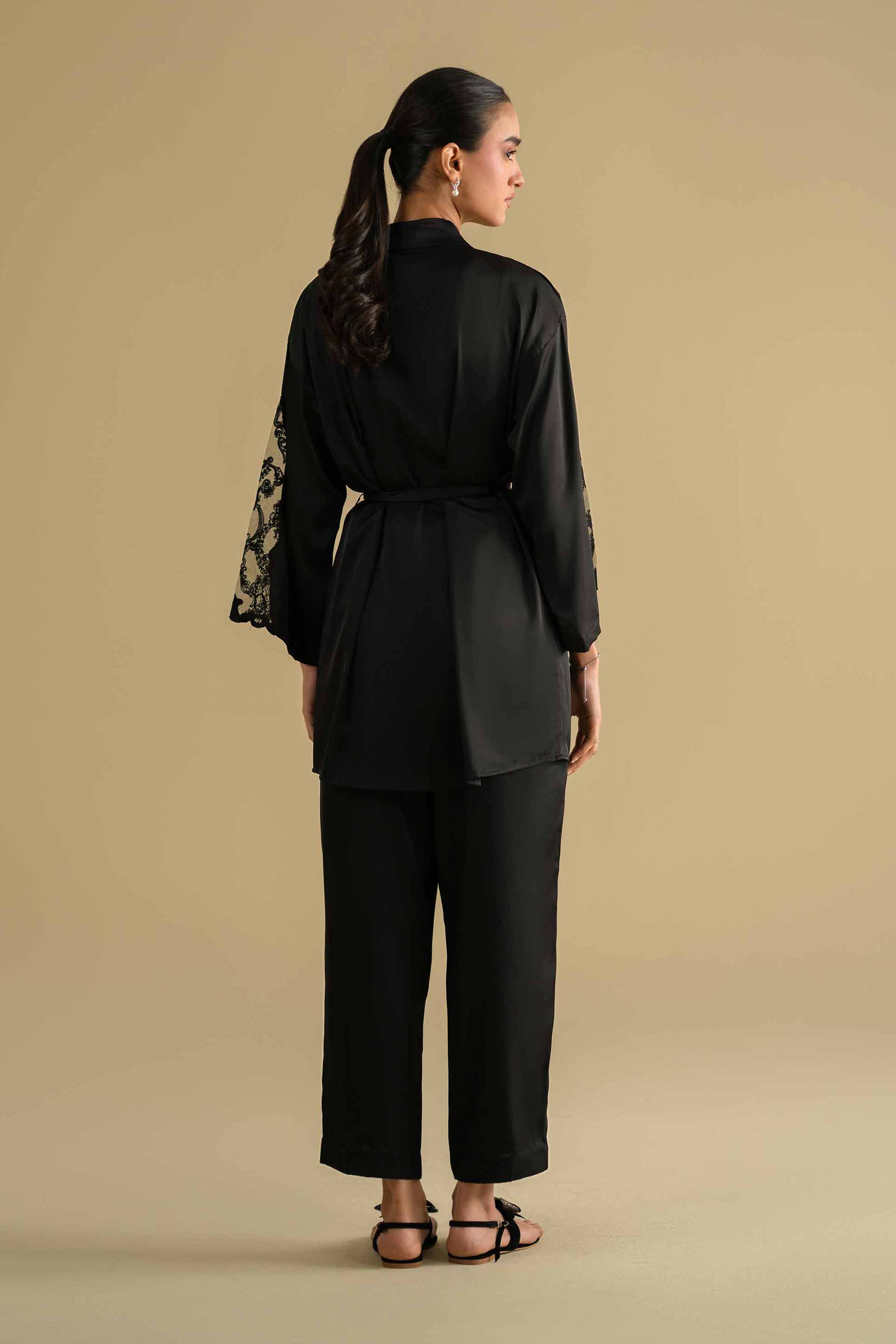 3 Piece - Embroidered Loungewear - KLS26-10 Black Silk 3PC Embroidered LUXURY