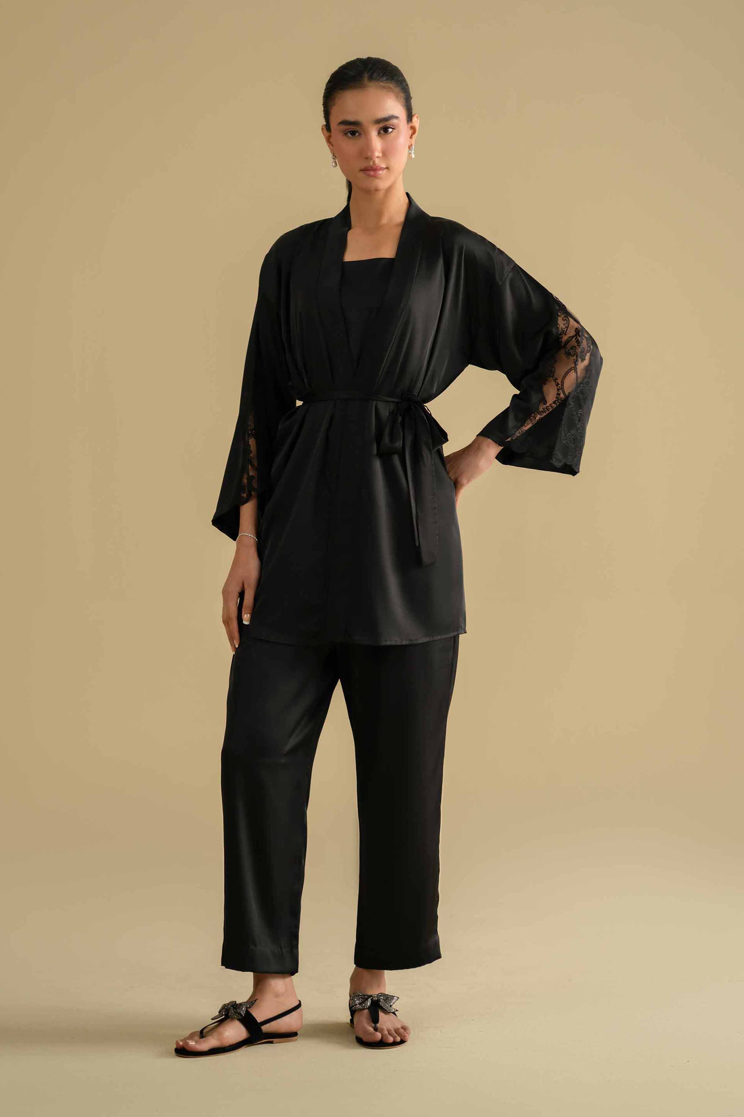 3 Piece - Embroidered Loungewear - KLS26-10 Black Silk 3PC Embroidered LUXURY