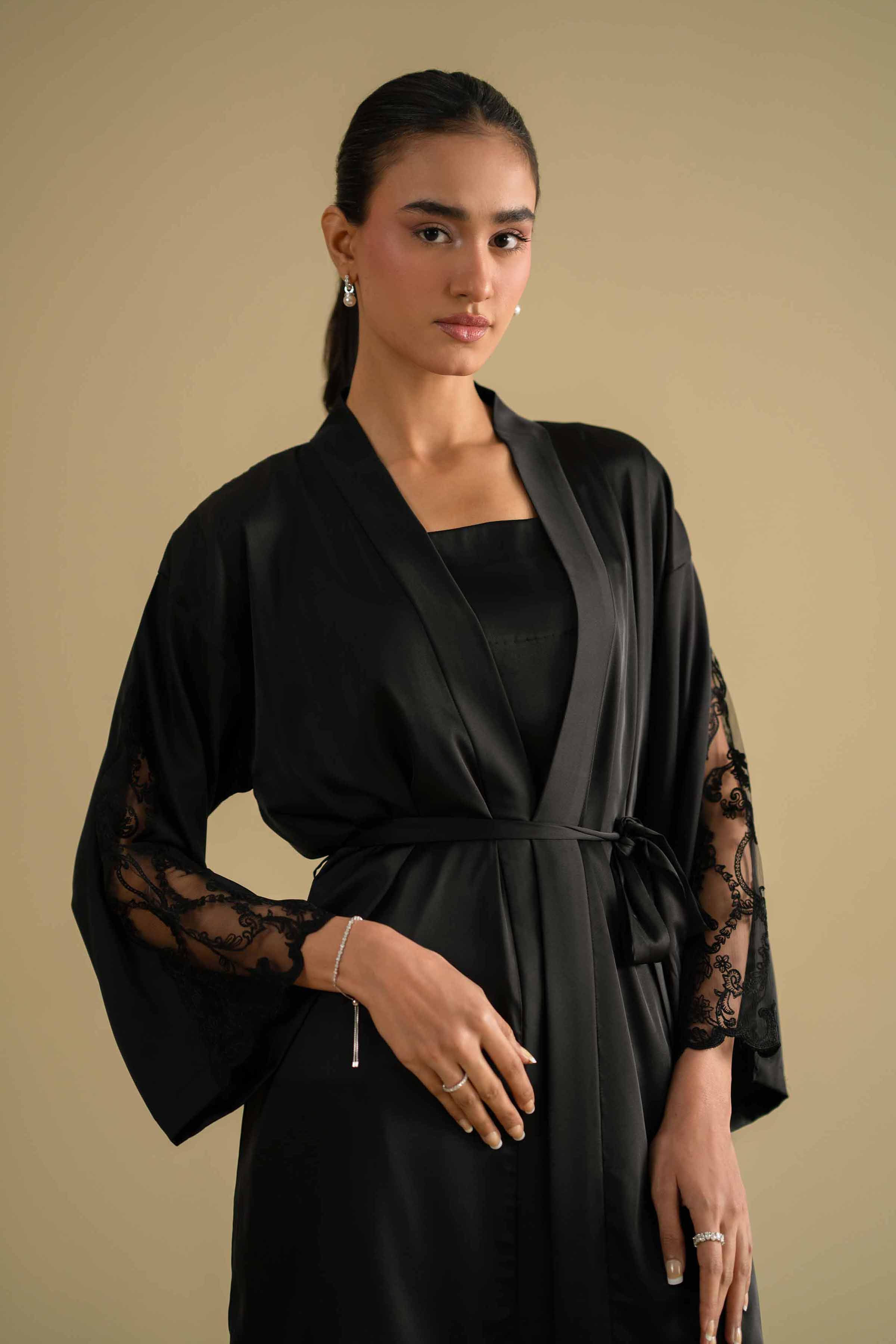 3 Piece - Embroidered Loungewear - KLS26-10 Black Silk 3PC Embroidered LUXURY