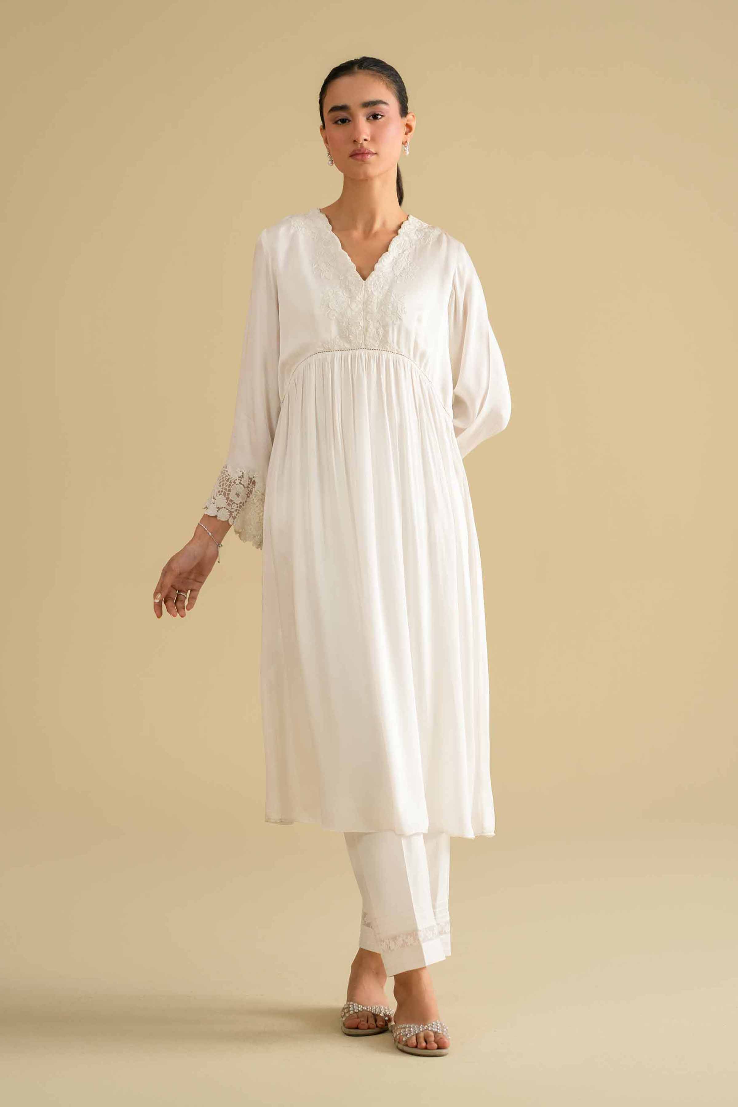 Embroidered Loungewear Gown - KLS26-11 White Silk 1PC Embroidered LUXURY