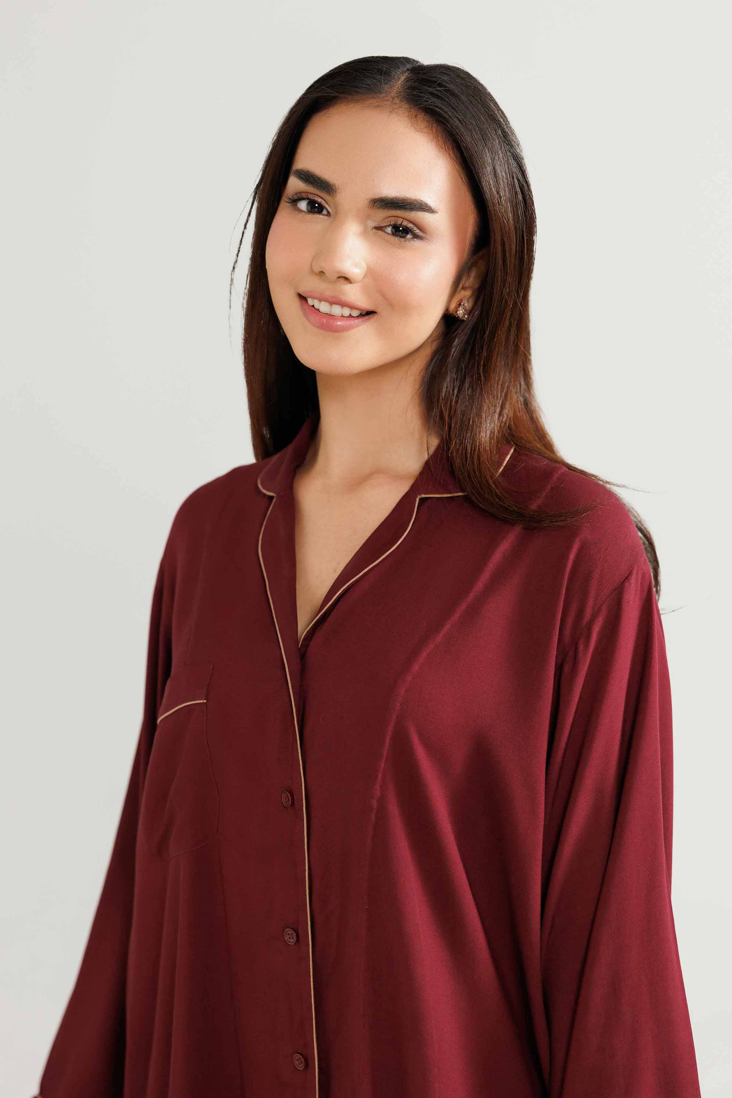 NISHATUAE - Maroon Solids Linen 2-piece Ready to wear Dress