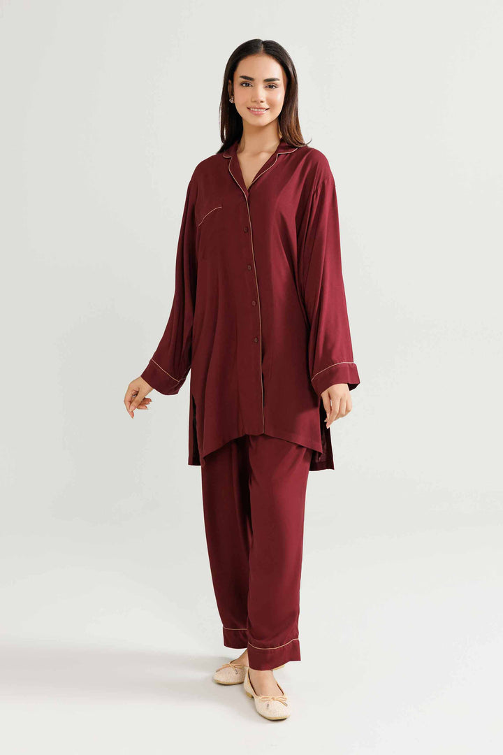 NISHATUAE - Maroon Solids Linen 2-piece Ready to wear Dress