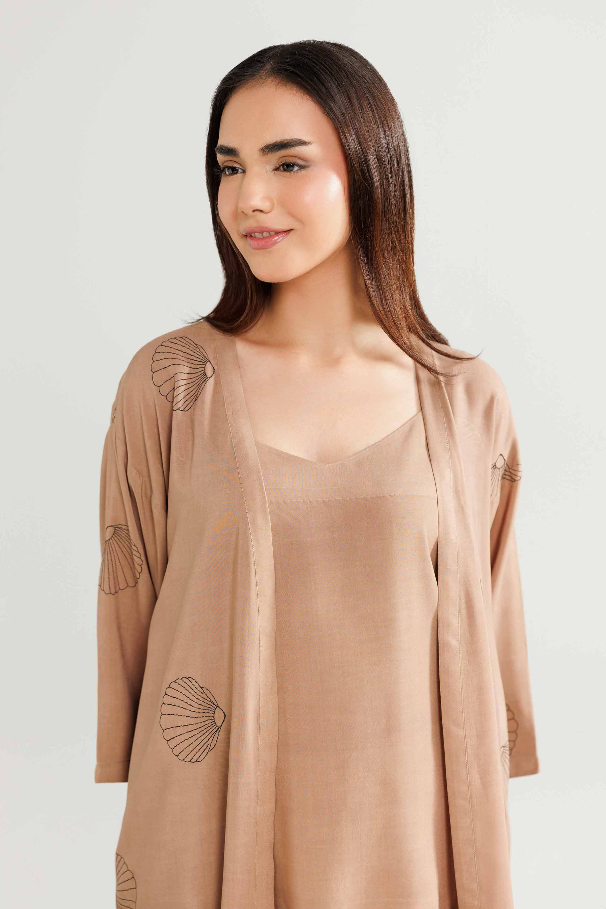 NISHATUAE - Brown Embroidered Linen 3-piece Ready to wear Suit