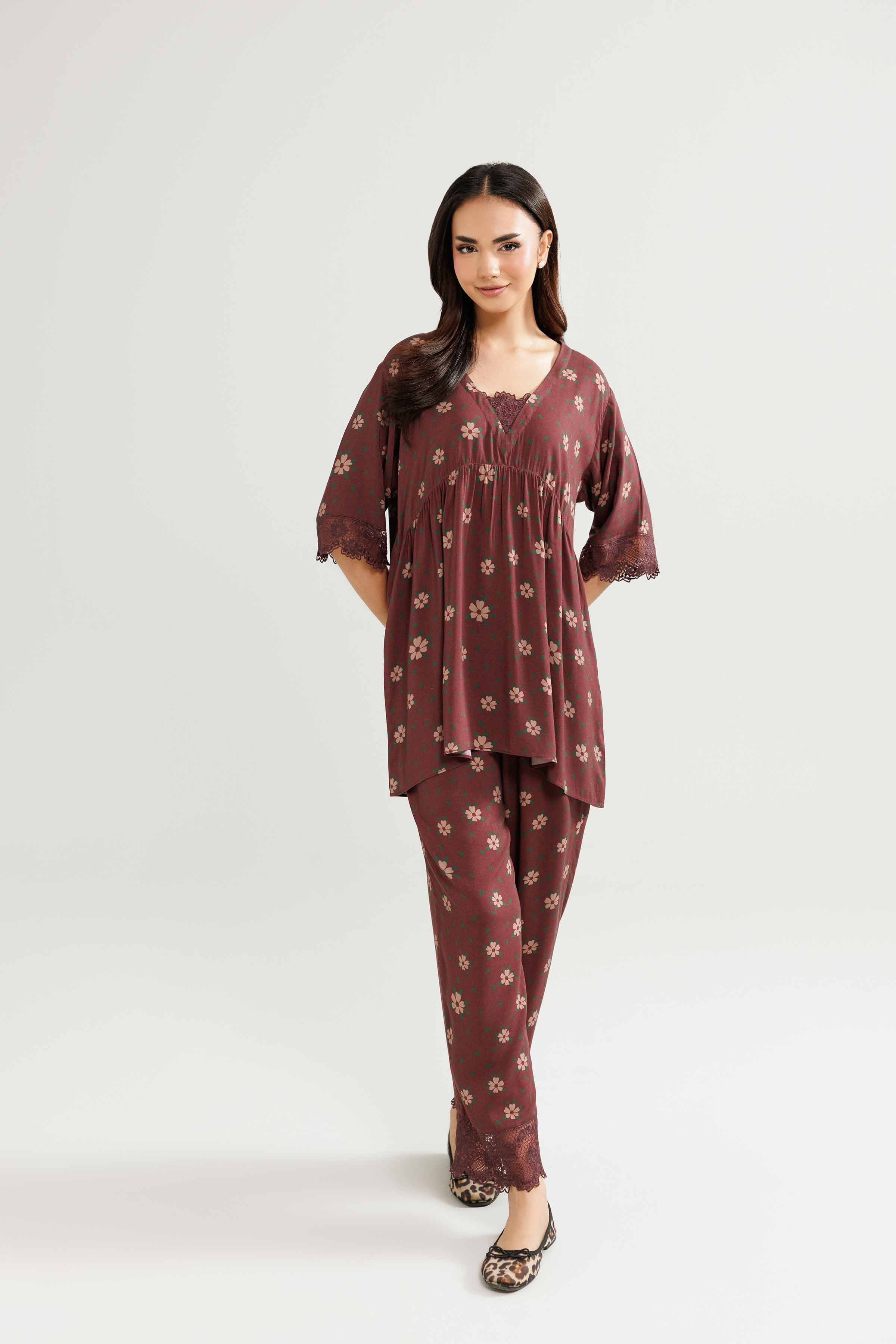 NISHATUAE - Brown Embroidered Linen 2-piece Ready to wear Dress