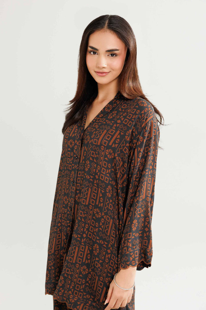 NISHATUAE - Brown Embroidered Linen 2-piece Ready to wear Dress