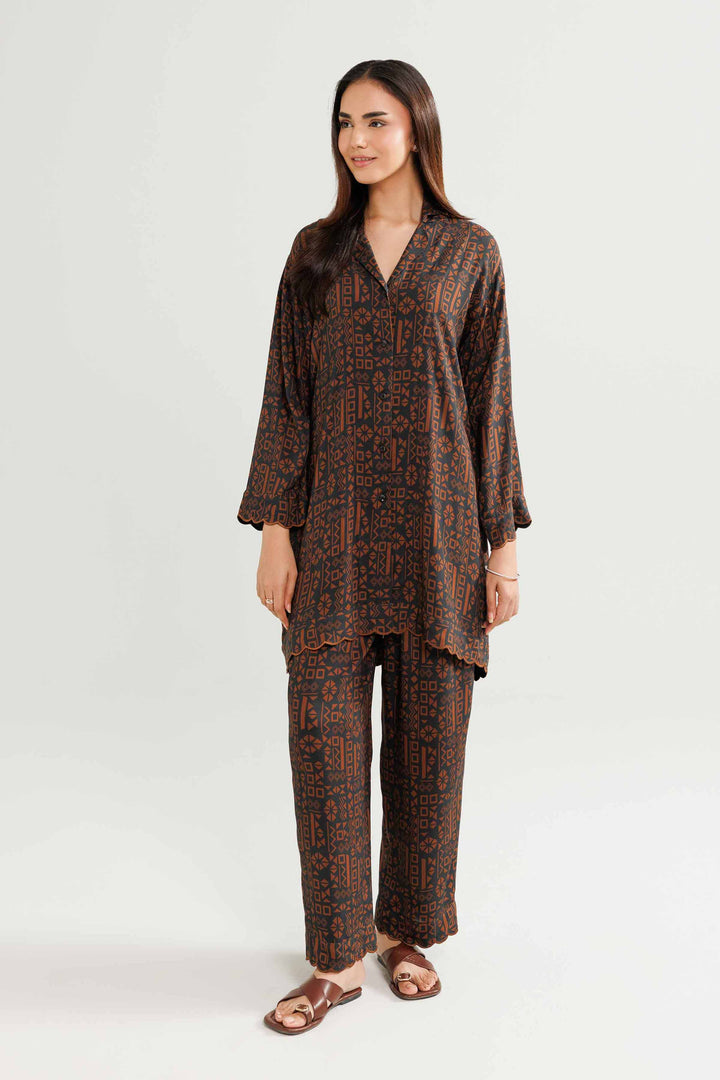 NISHATUAE - Brown Embroidered Linen 2-piece Ready to wear Dress