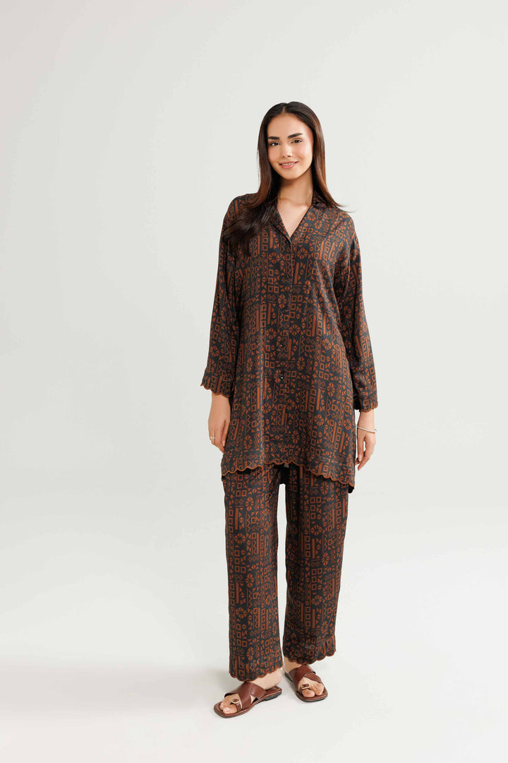 NISHATUAE - Brown Embroidered Linen 2-piece Ready to wear Dress