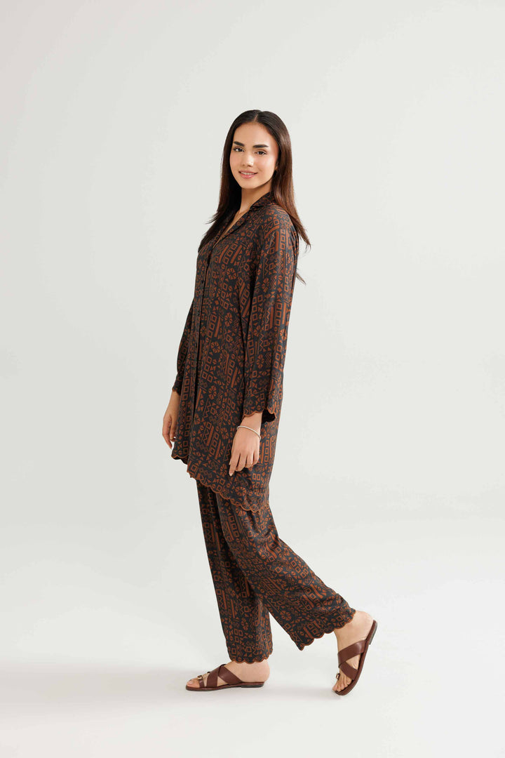 NISHATUAE - Brown Embroidered Linen 2-piece Ready to wear Dress