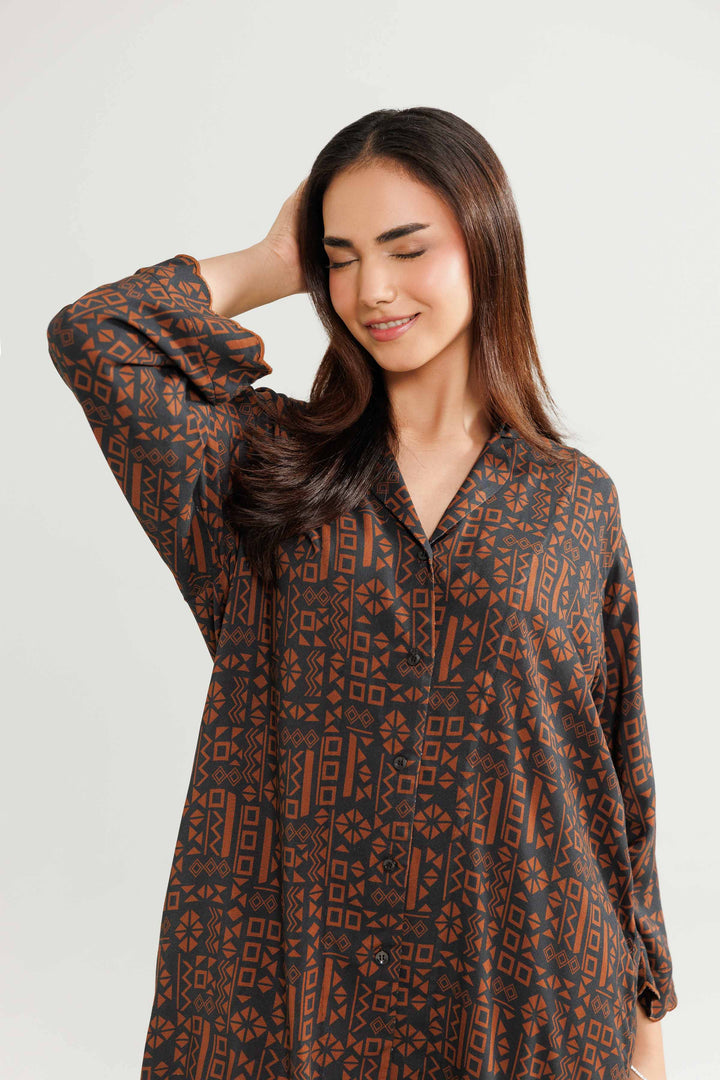 NISHATUAE - Brown Embroidered Linen 2-piece Ready to wear Dress