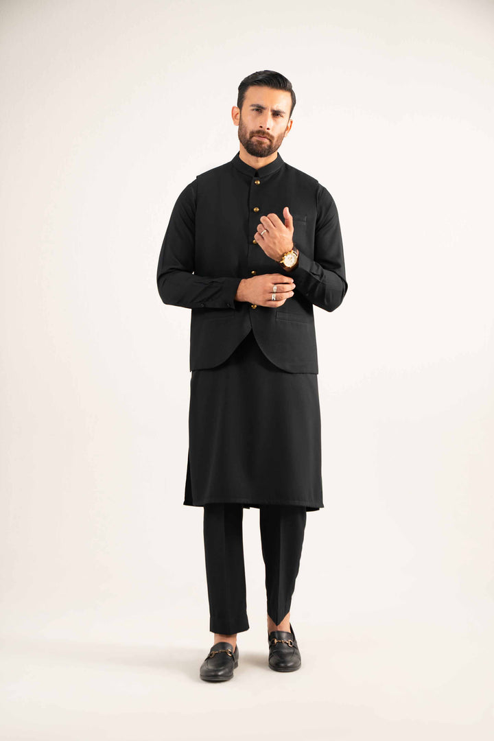 NISHATUAE - Black Solids Linen Ready to wear Waistcoat