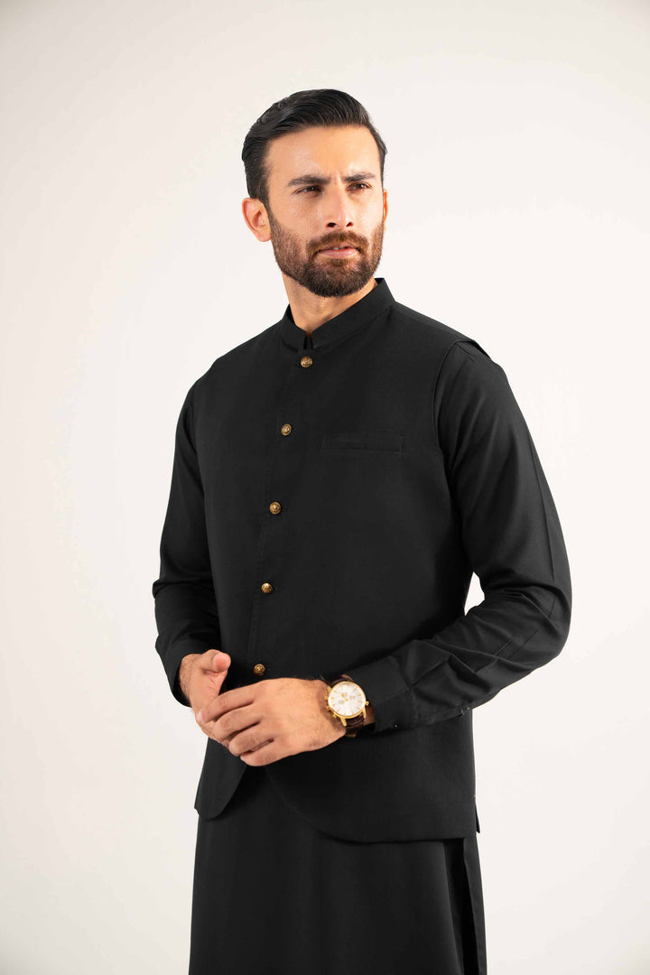 NISHATUAE - Black Solids Linen Ready to wear Waistcoat