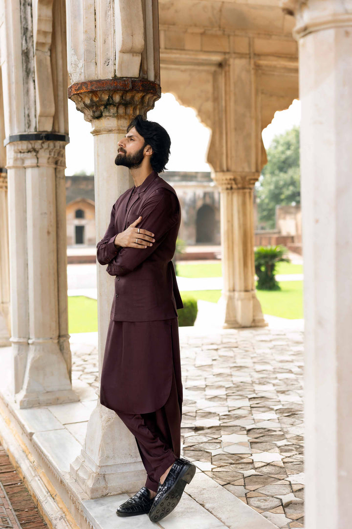 NISHATUAE - Maroon Solids Viscose 3-piece Ready to wear Suit