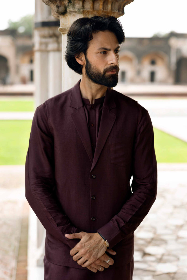 NISHATUAE - Maroon Solids Viscose 3-piece Ready to wear Suit