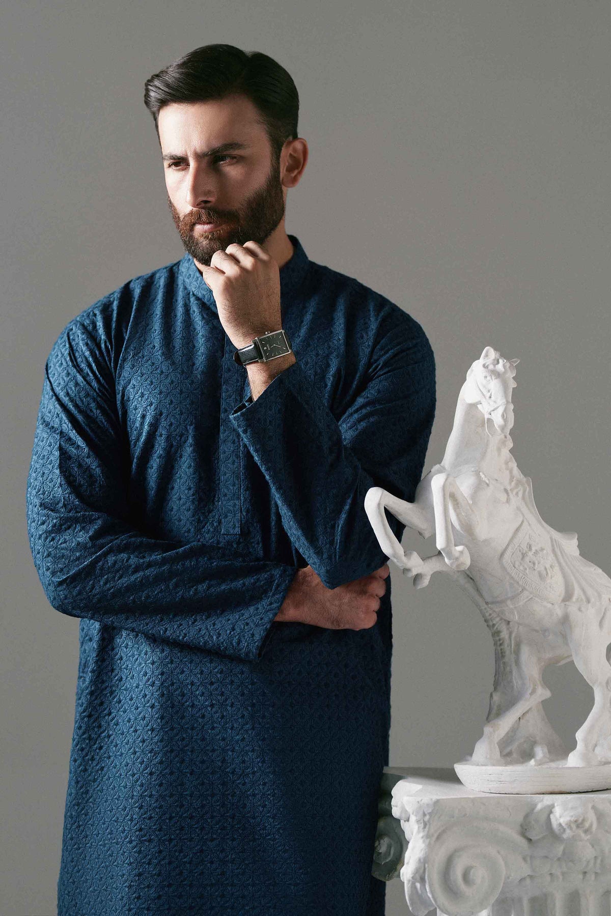 Blue Embroidered Kurta in Cotton ready-to-wear