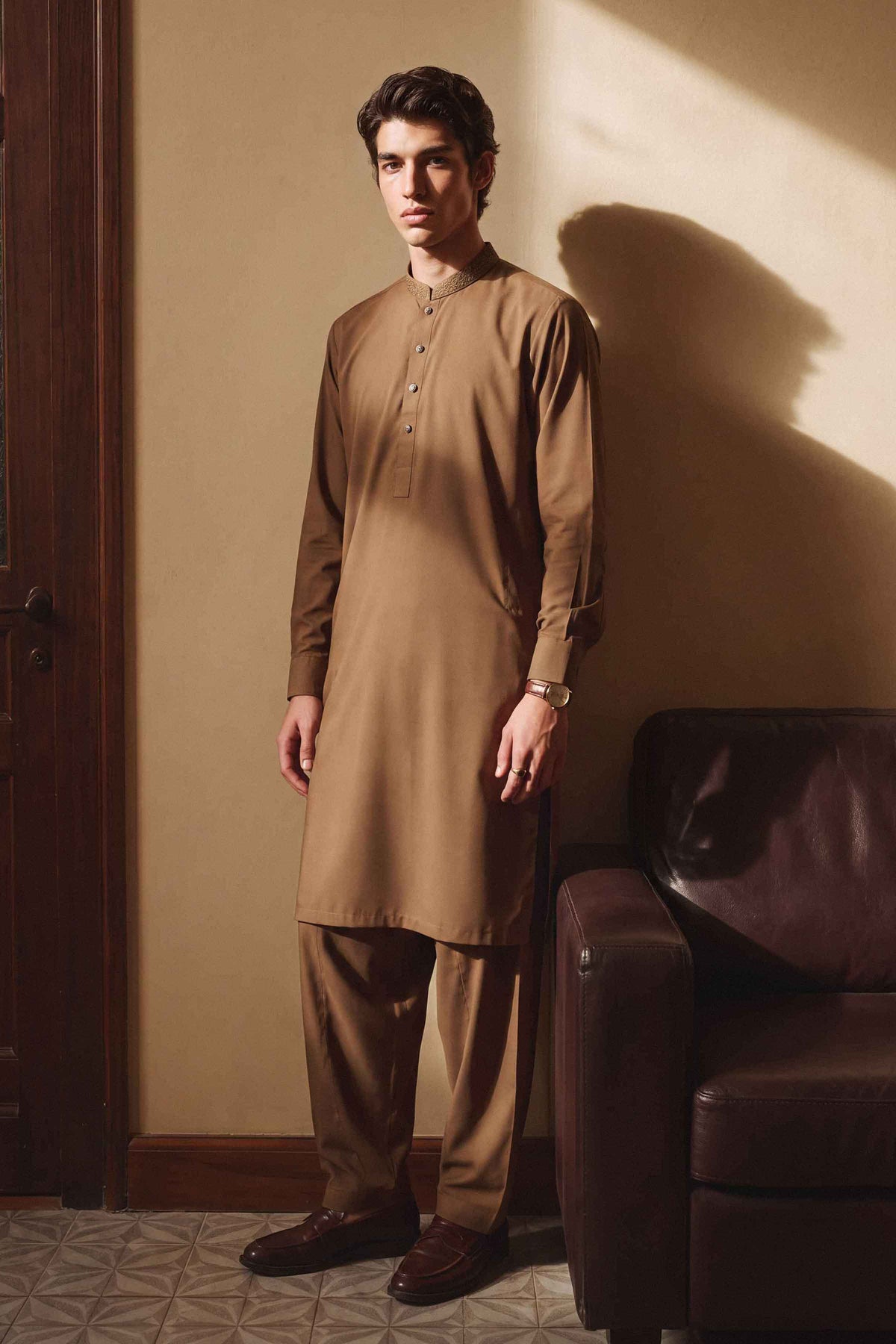 Brown 2-Piece Embroidered Suit in Wash & Wear ready-to-wear