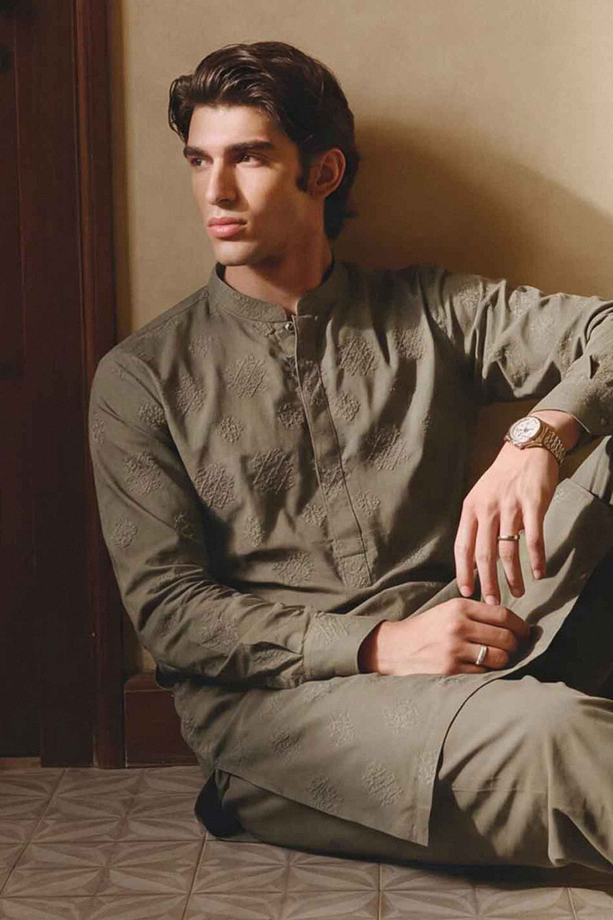 Green 2-Piece Embroidered Suit in Cotton ready-to-wear