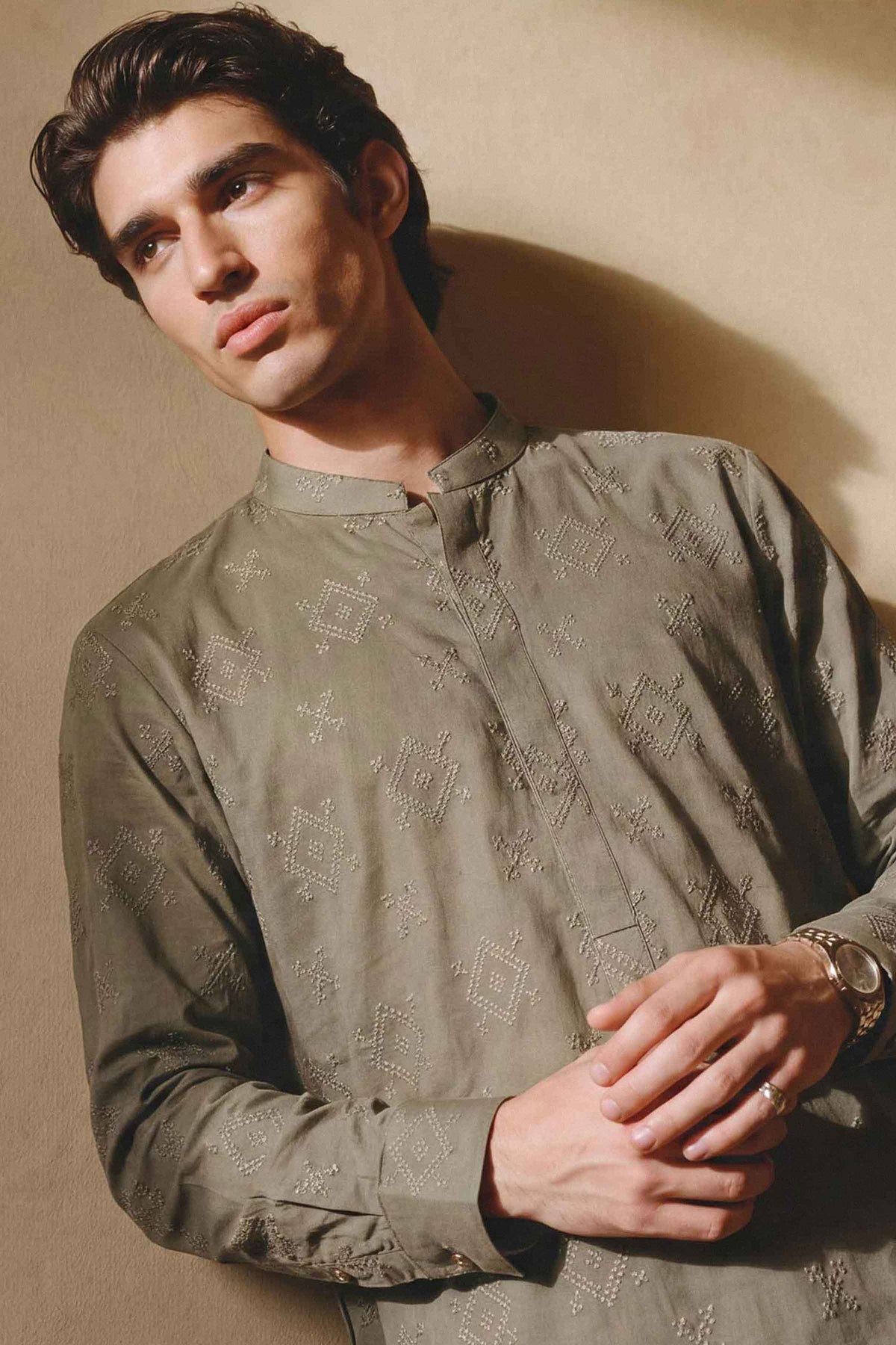 Green 2-Piece Embroidered Suit in Cotton ready-to-wear