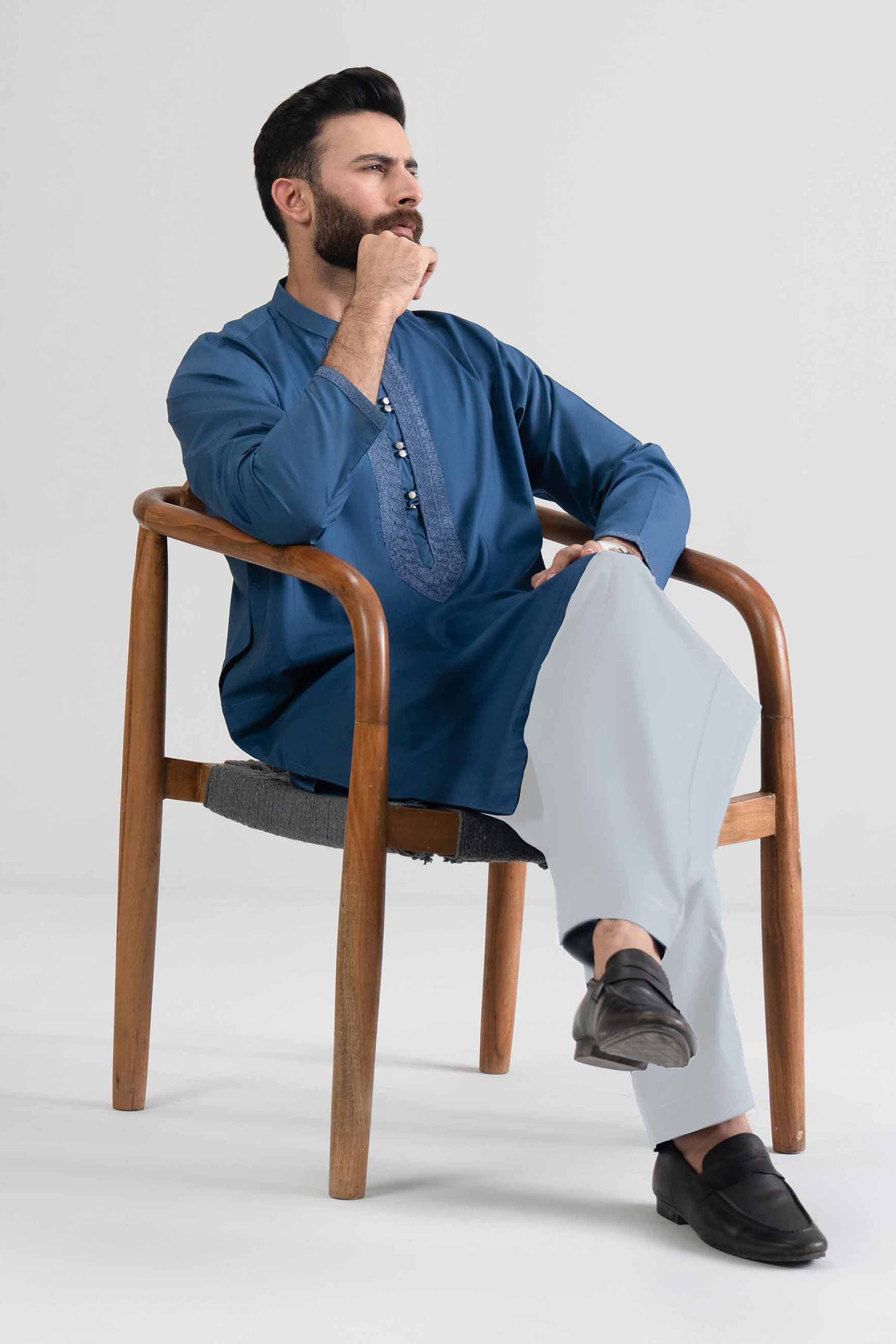 2 Piece - Embroidered Suit - NQ26-004 Ready To Wear Blue Cotton 2PC Embroidered