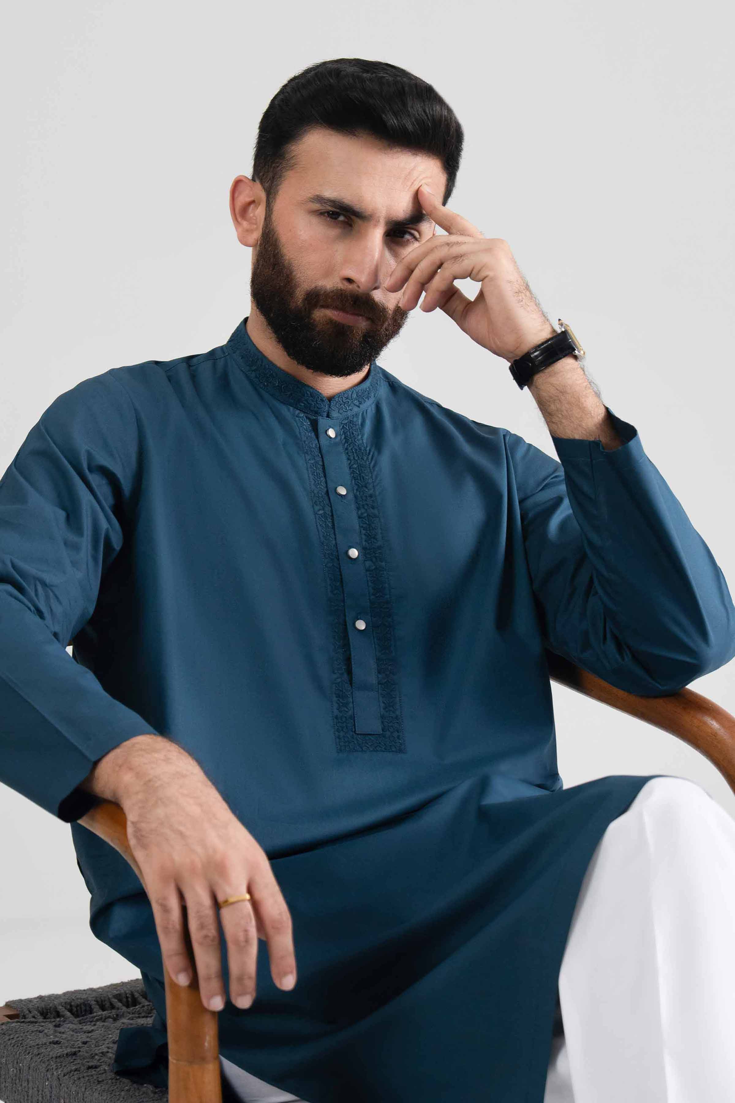 Embroidered Kurta - NQ26-008 Blue Cotton 1PC Embroidered