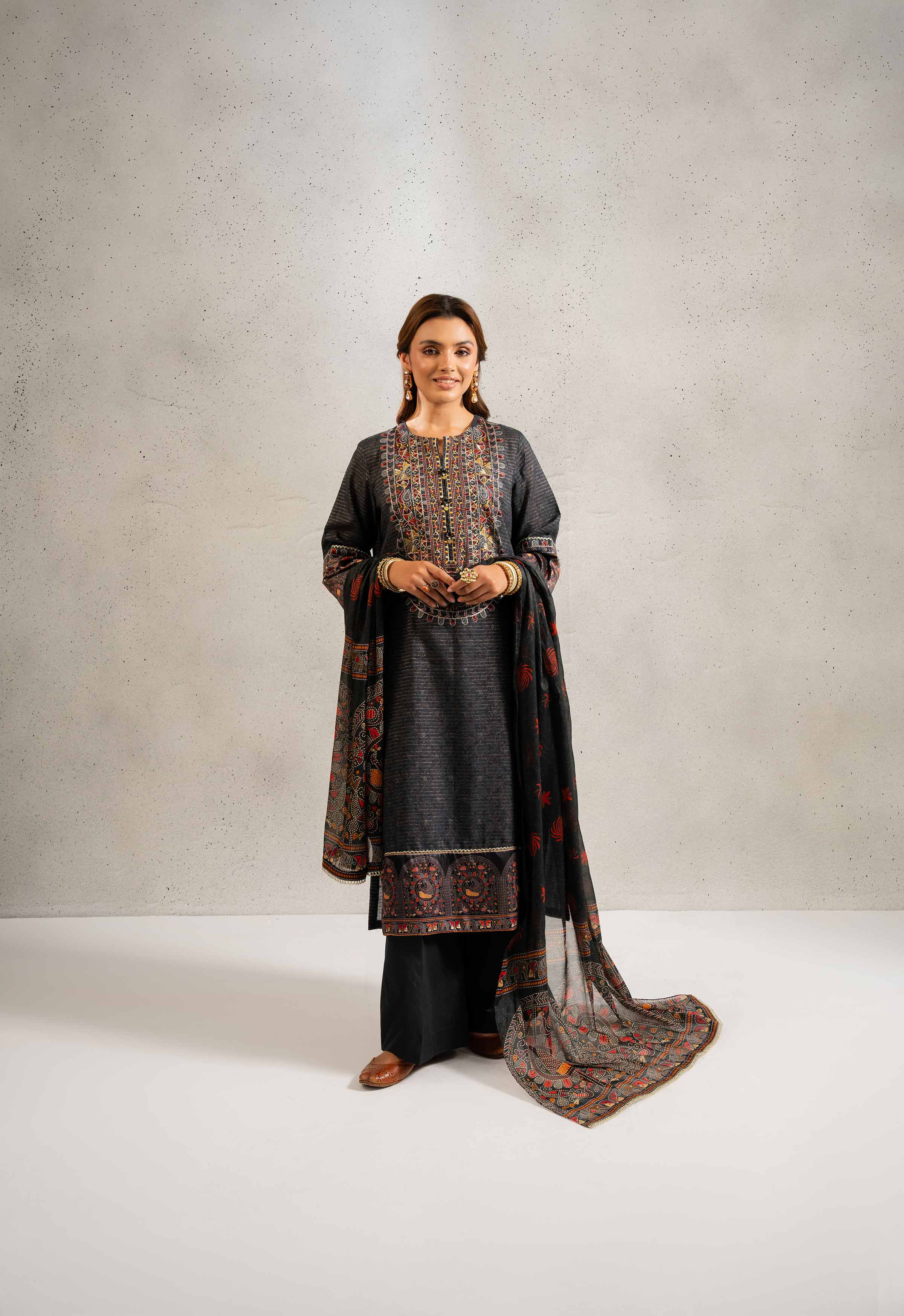 3 Piece - Printed Embroidered Suit - PE25-129