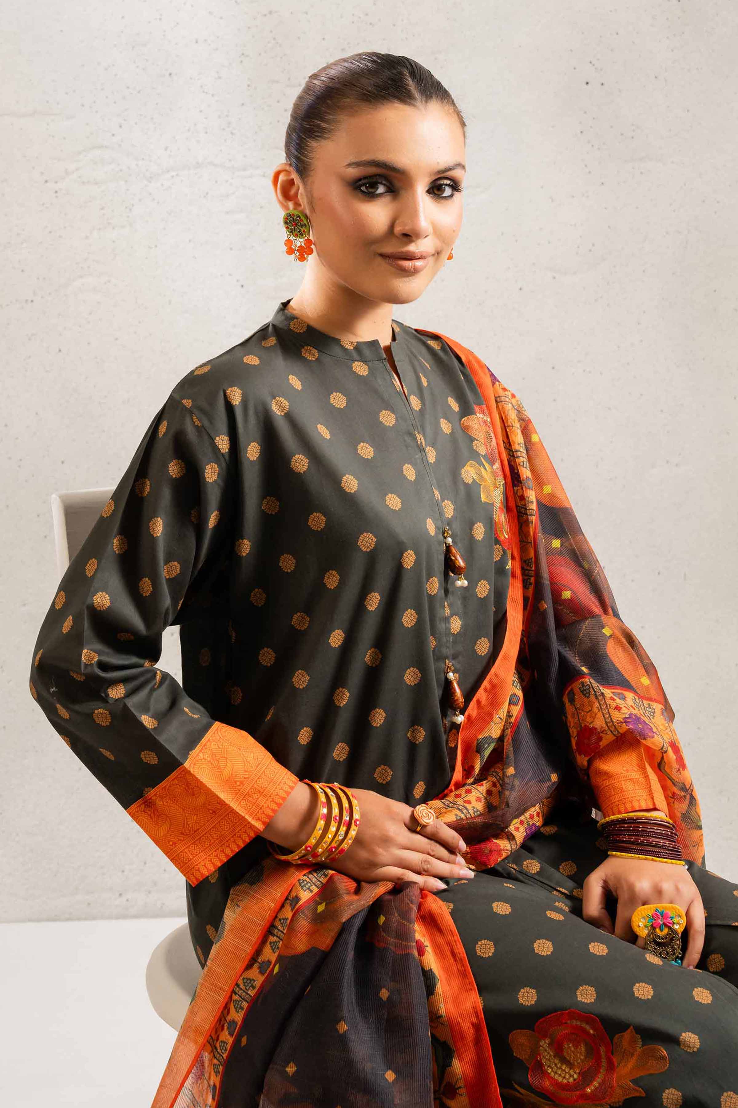 3 Piece - Printed Embroidered Suit - PE25-140