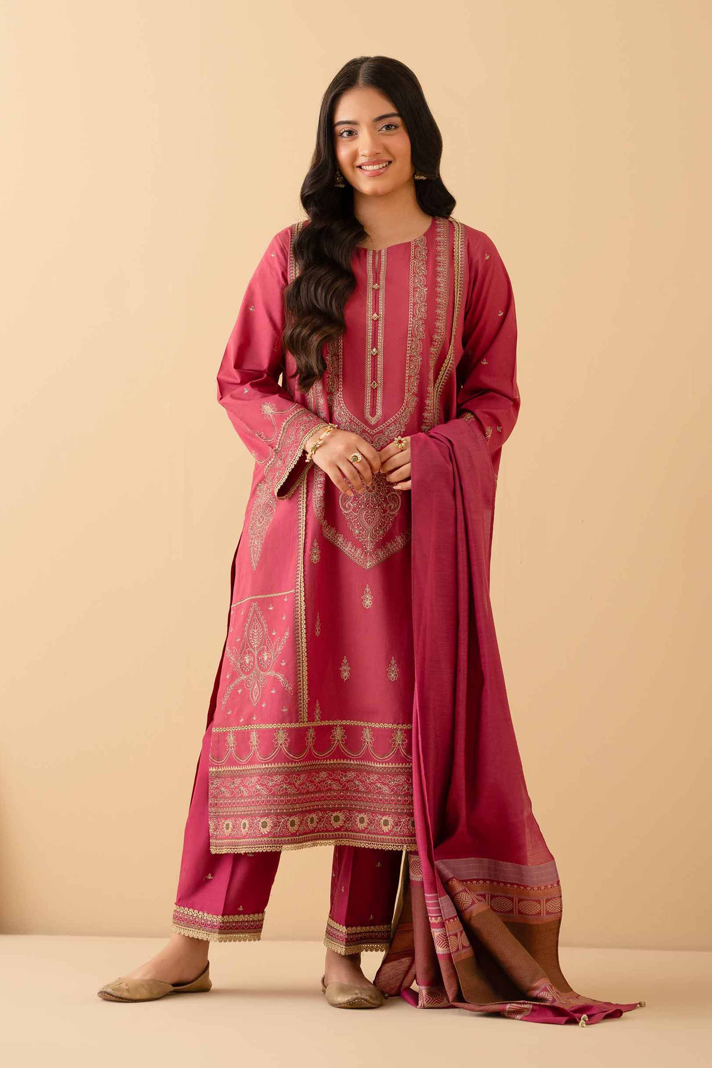 NISHATUAE - Pink Embroidered Cambric 3-piece Ready to wear Suit