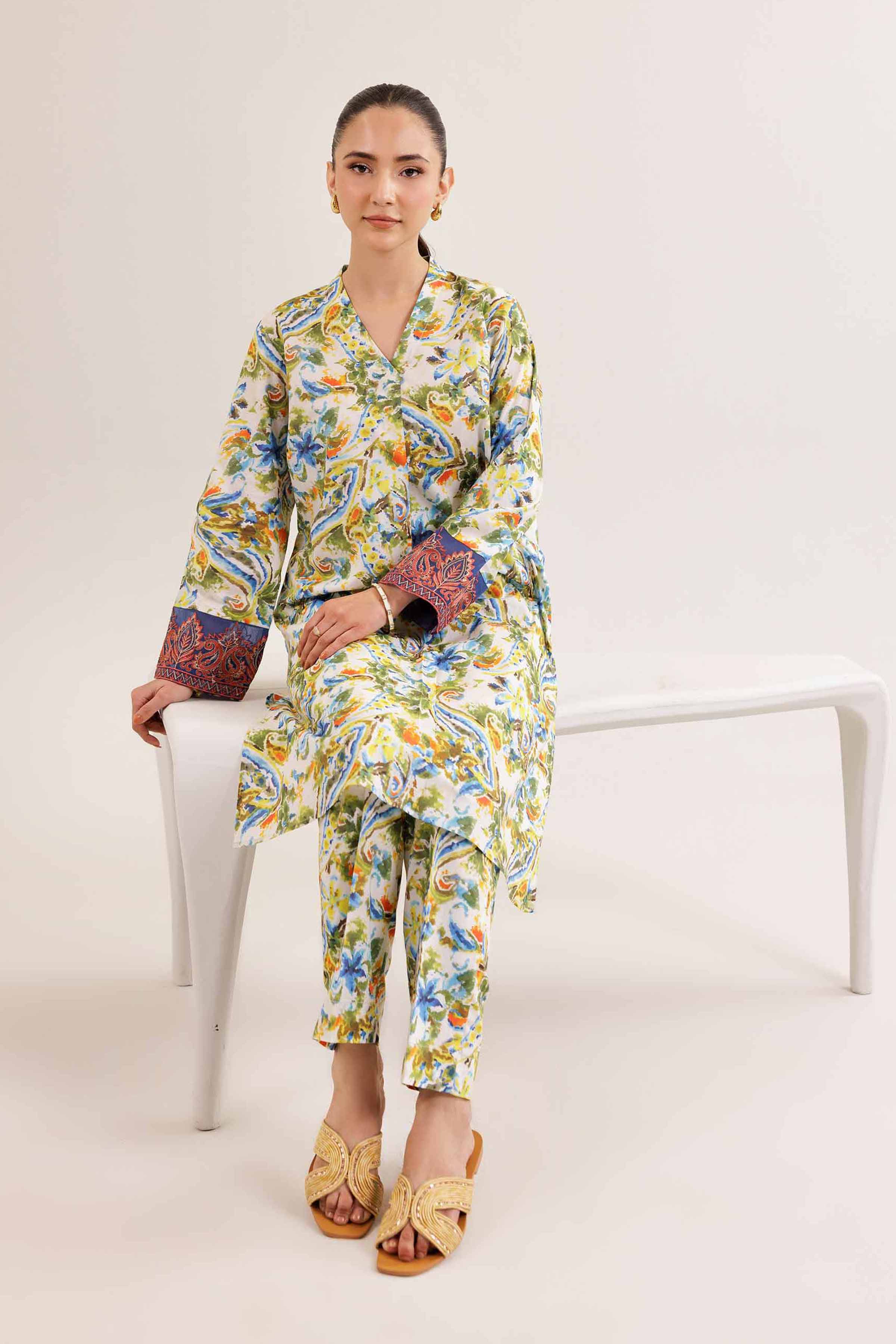 2 Piece - Printed Embroidered Suit - PE25-308