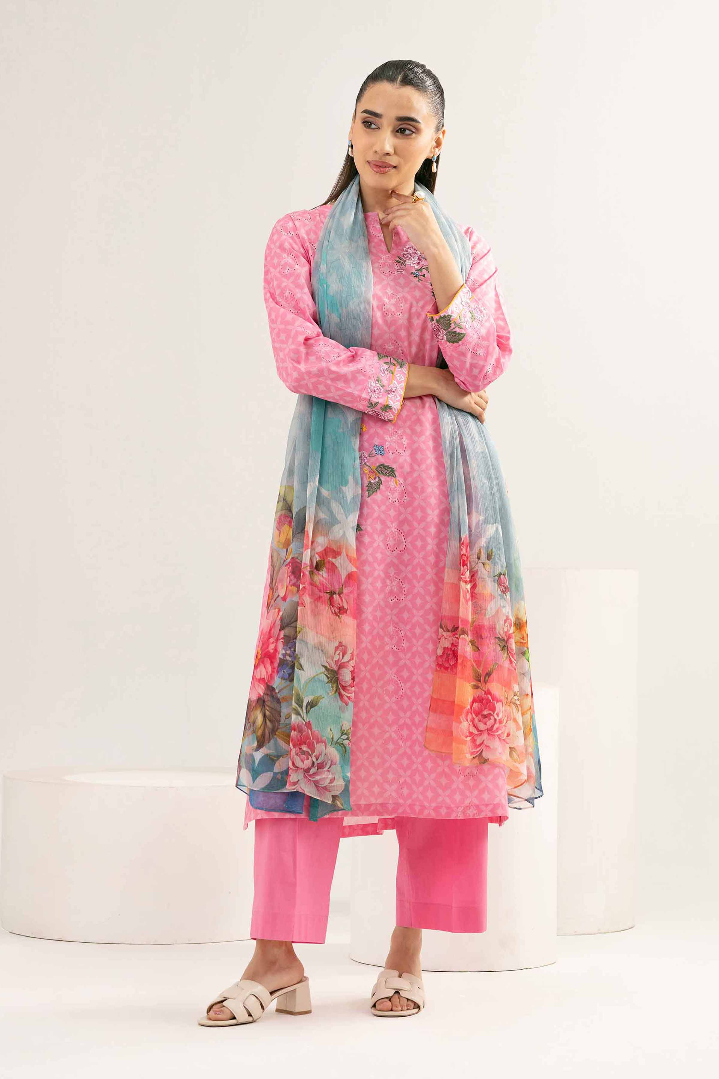 3 Piece - Printed Embroidered Suit - PE25-372