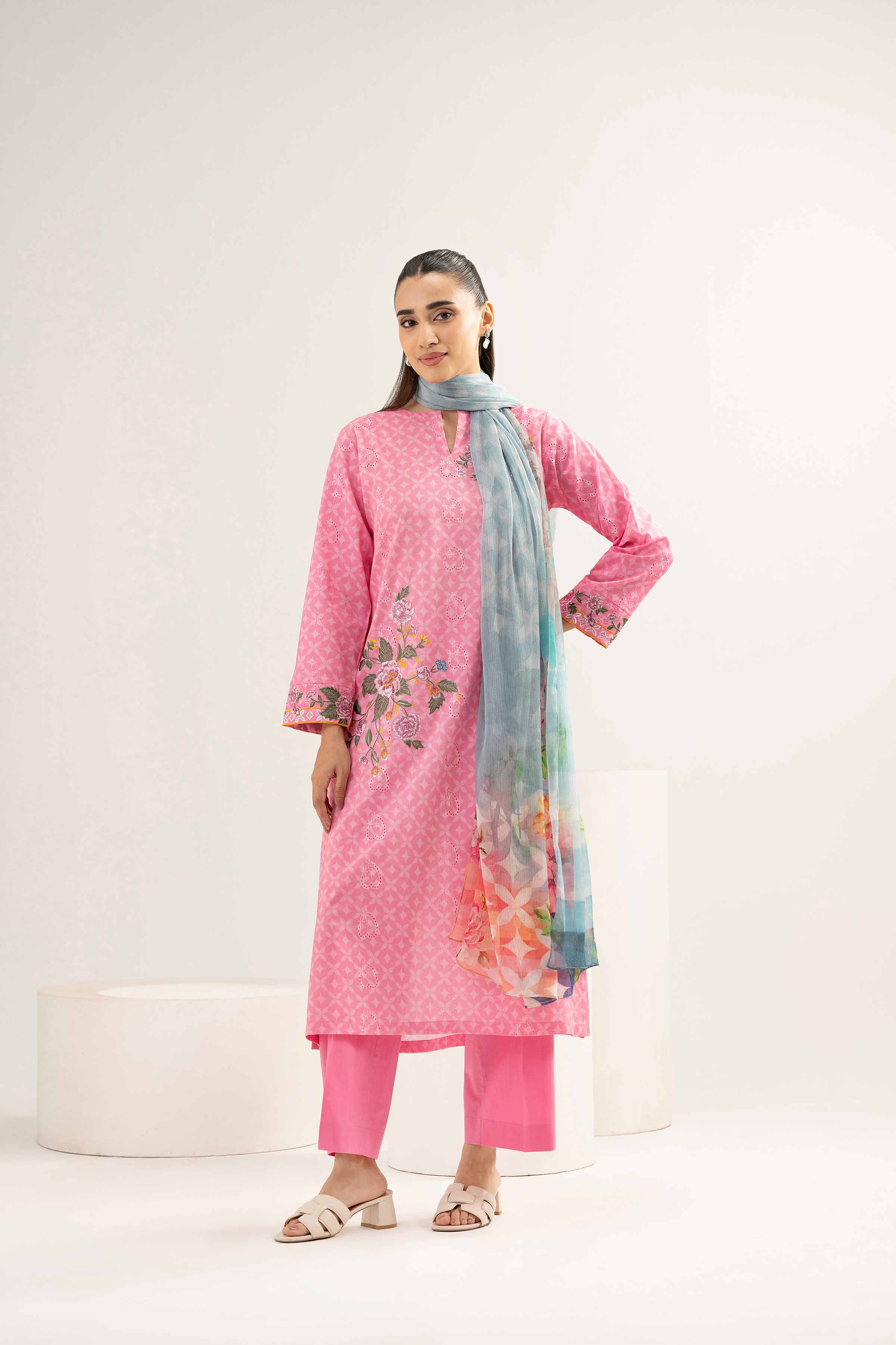 3 Piece - Printed Embroidered Suit - PE25-372
