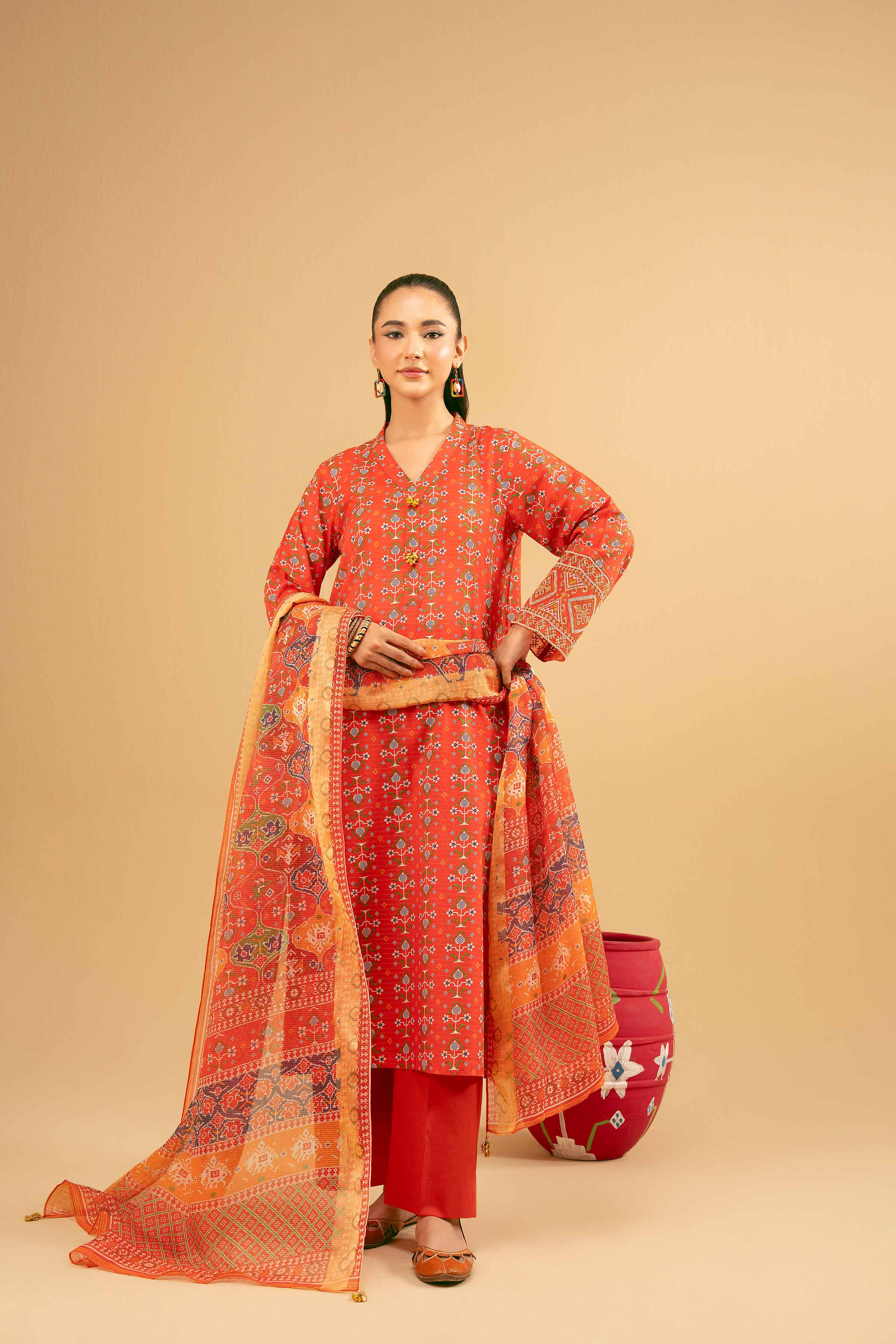 3 Piece - Printed Embroidered Suit - PE25-375