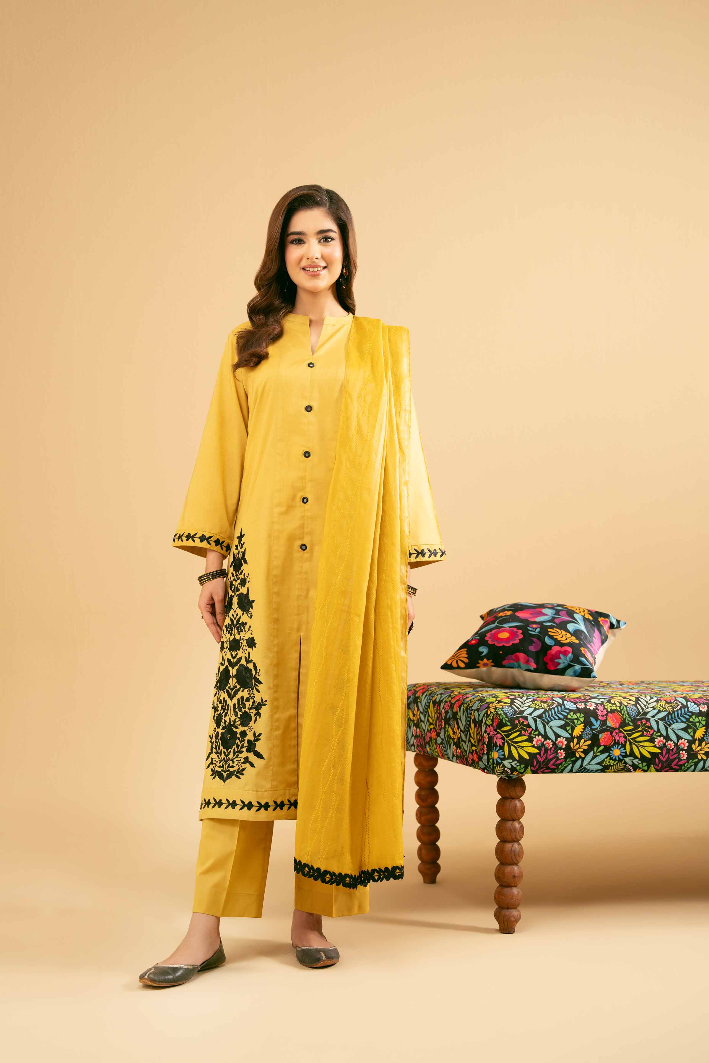 NISHATUAE - Mustard Embroidered Cambric 3-piece Ready to wear Suit