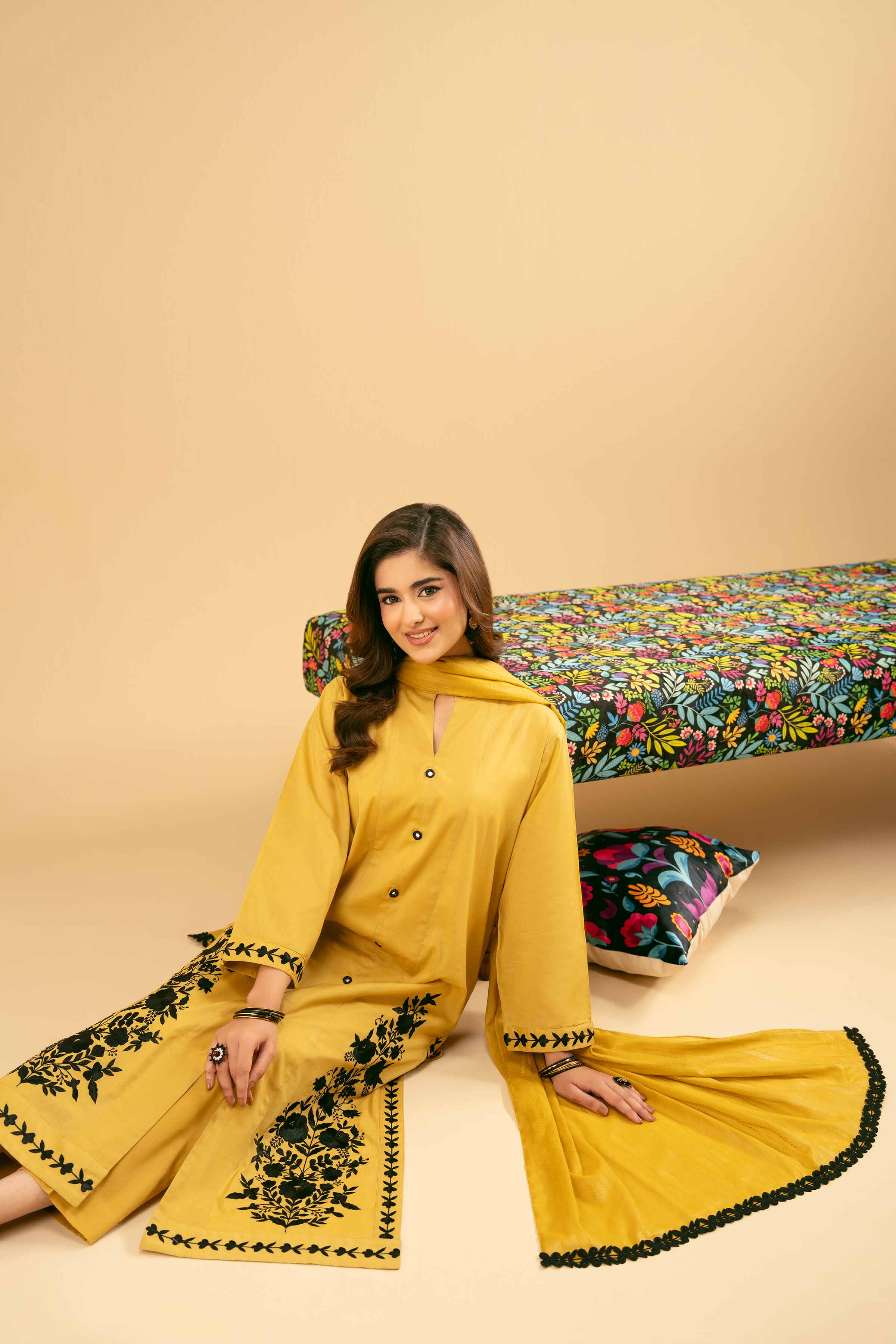 NISHATUAE - Mustard Embroidered Cambric 3-piece Ready to wear Suit