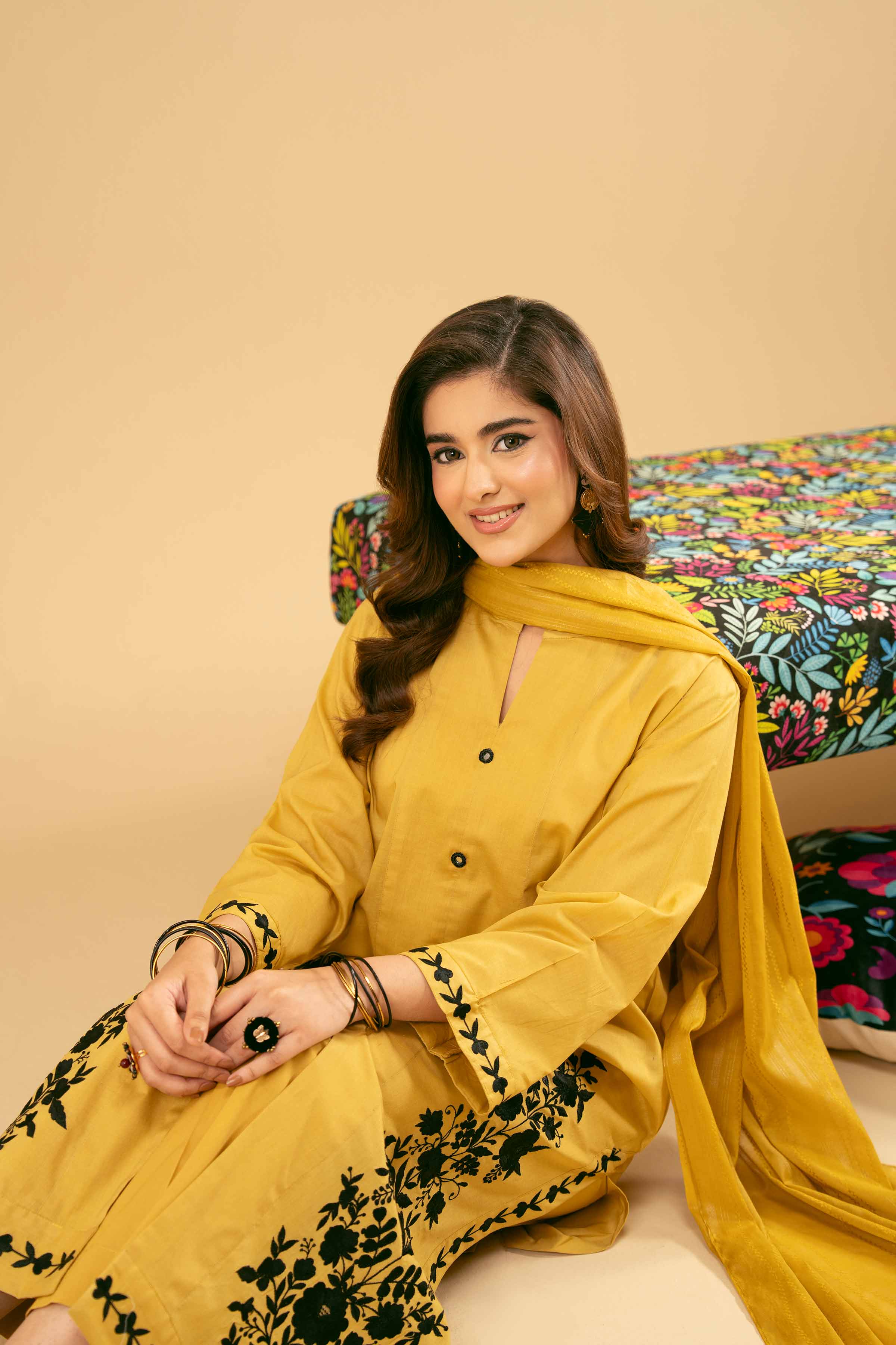 NISHATUAE - Mustard Embroidered Cambric 3-piece Ready to wear Suit