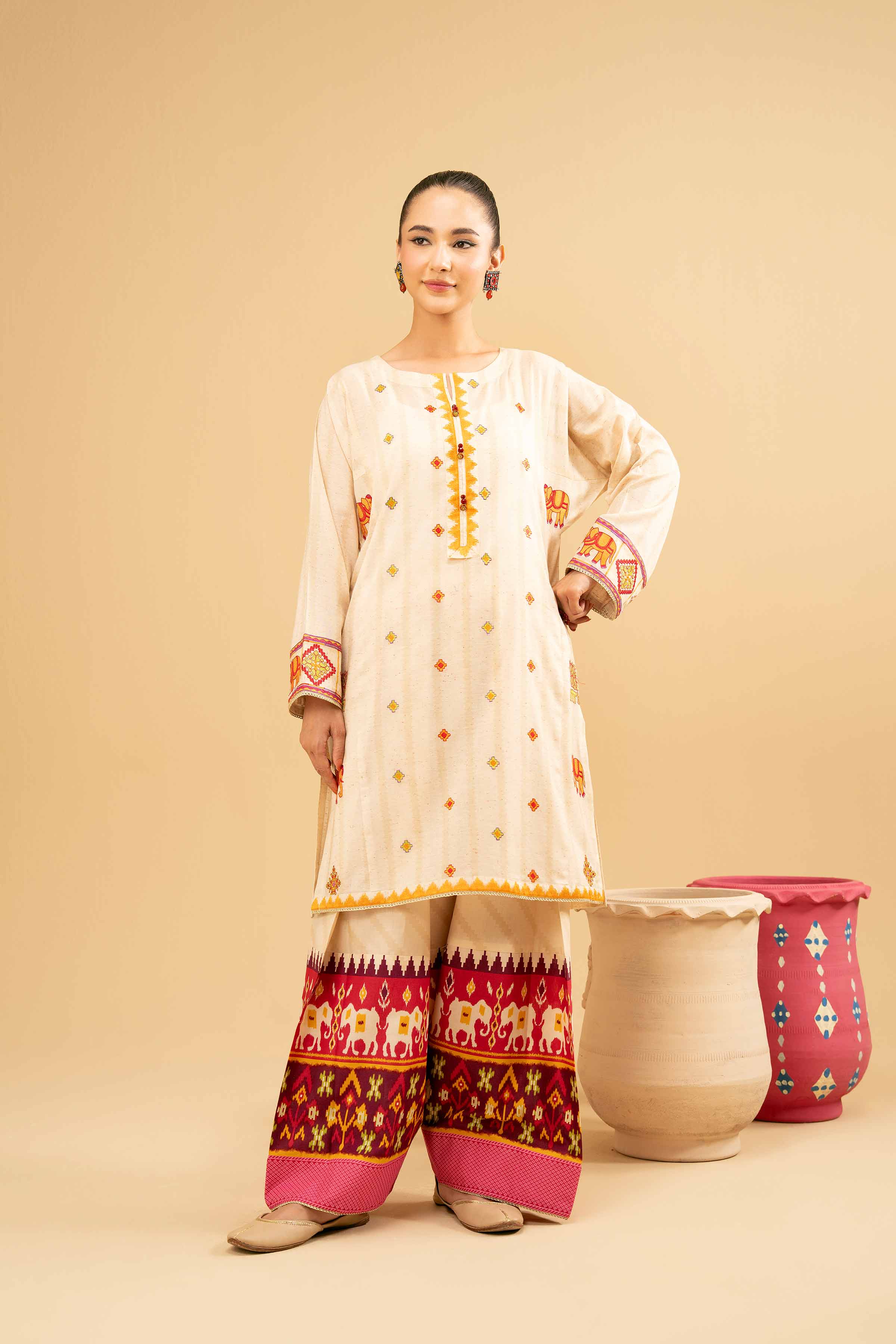 NISHATUAE - White Embroidered Yarn Dyed 2-piece Ready to wear Dress