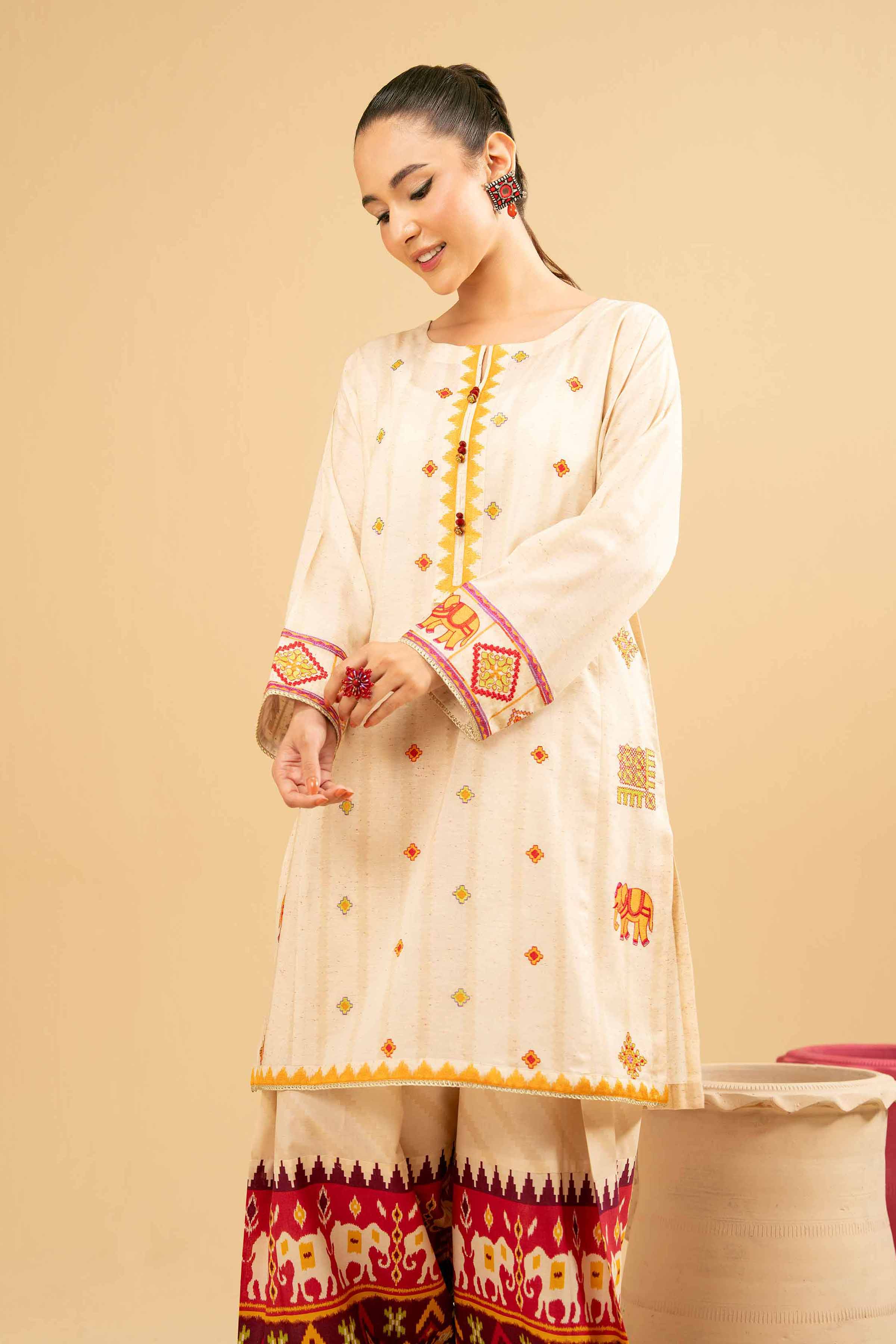 NISHATUAE - White Embroidered Yarn Dyed 2-piece Ready to wear Dress