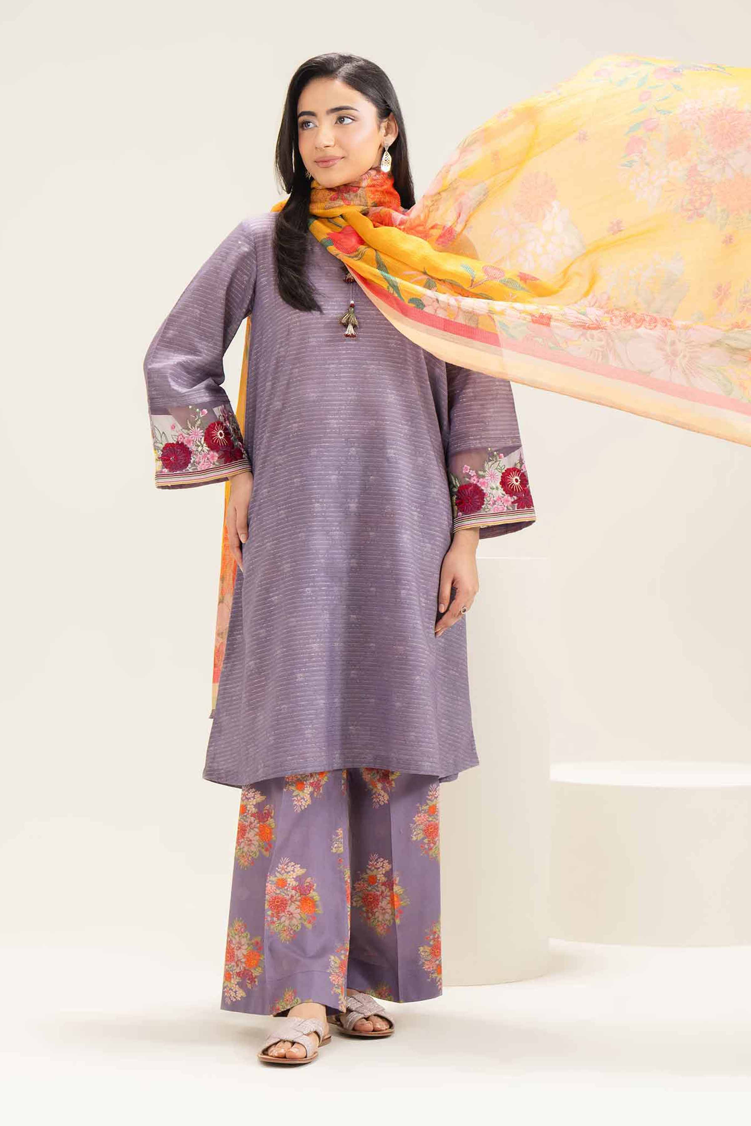 3 Piece - Printed Embroidered Suit - PE25-473