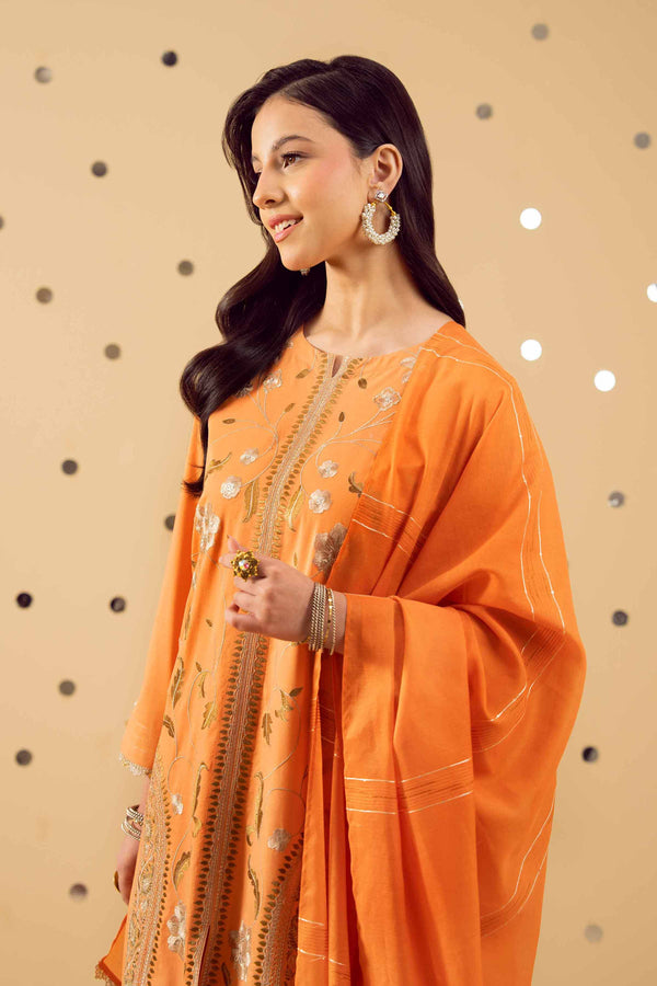 NISHATUAE - Orange Embroidered Cambric 3-piece Ready to wear Suit