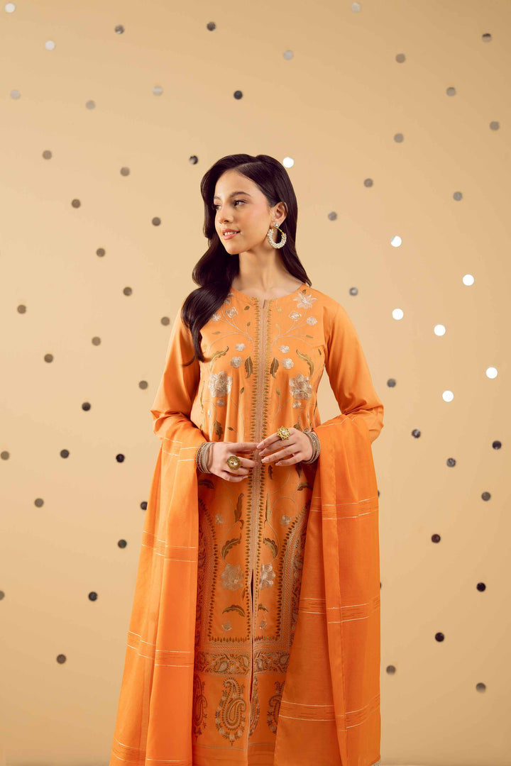 NISHATUAE - Orange Embroidered Cambric 3-piece Ready to wear Suit