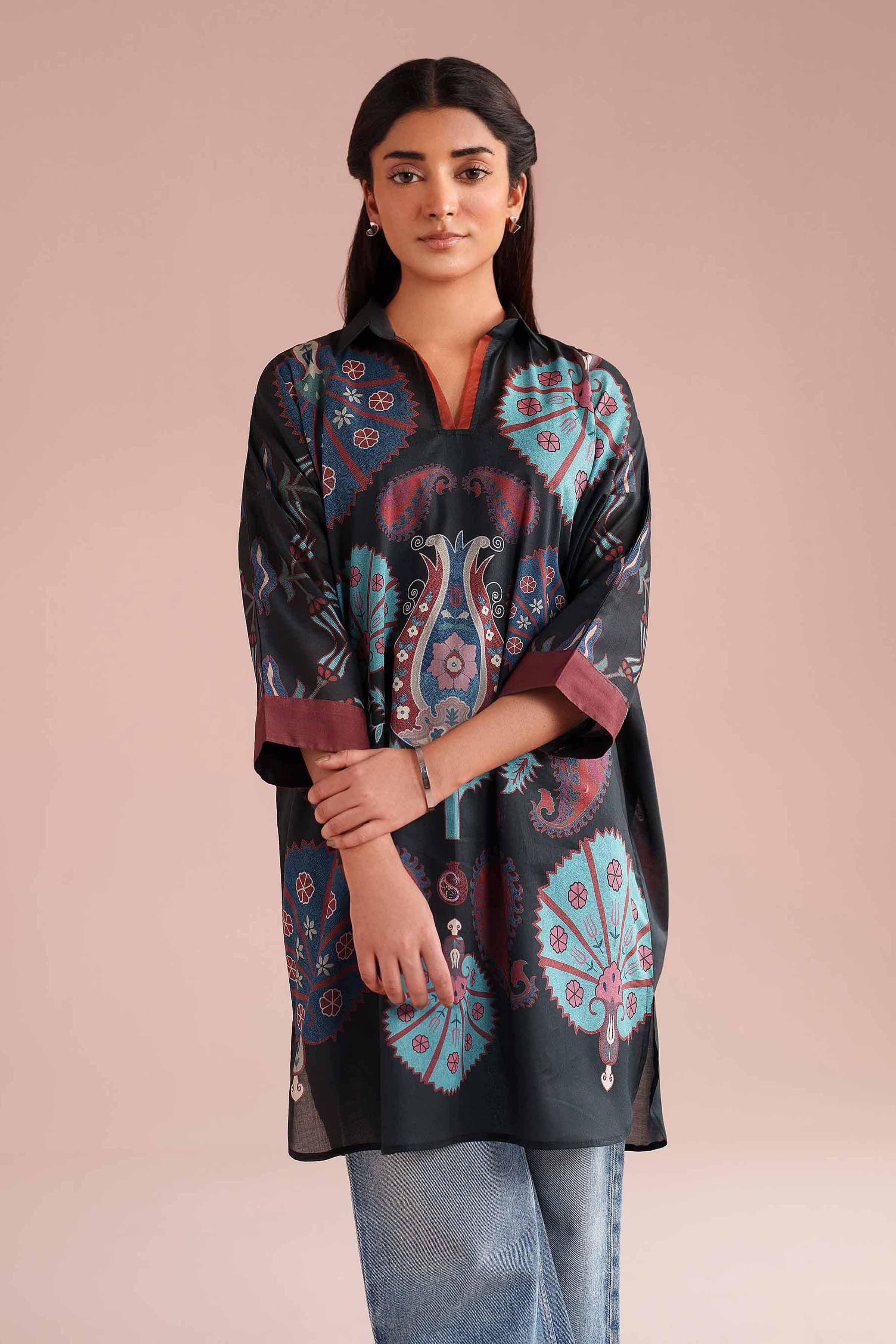 Printed Kimono - PE26-105 Black Lawn 1PC Printed READY TO WEAR