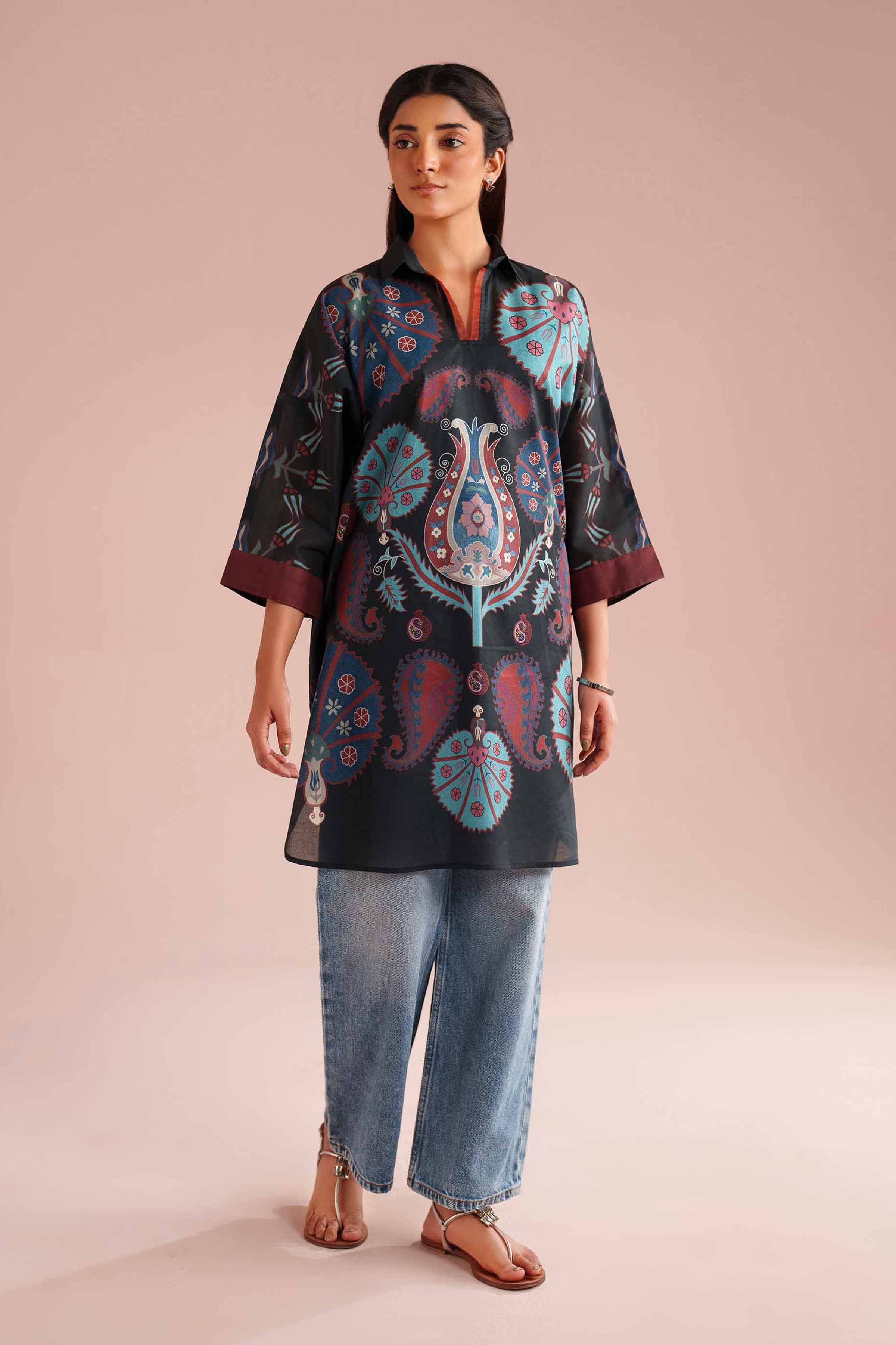 Printed Kimono - PE26-105 Black Lawn 1PC Printed READY TO WEAR