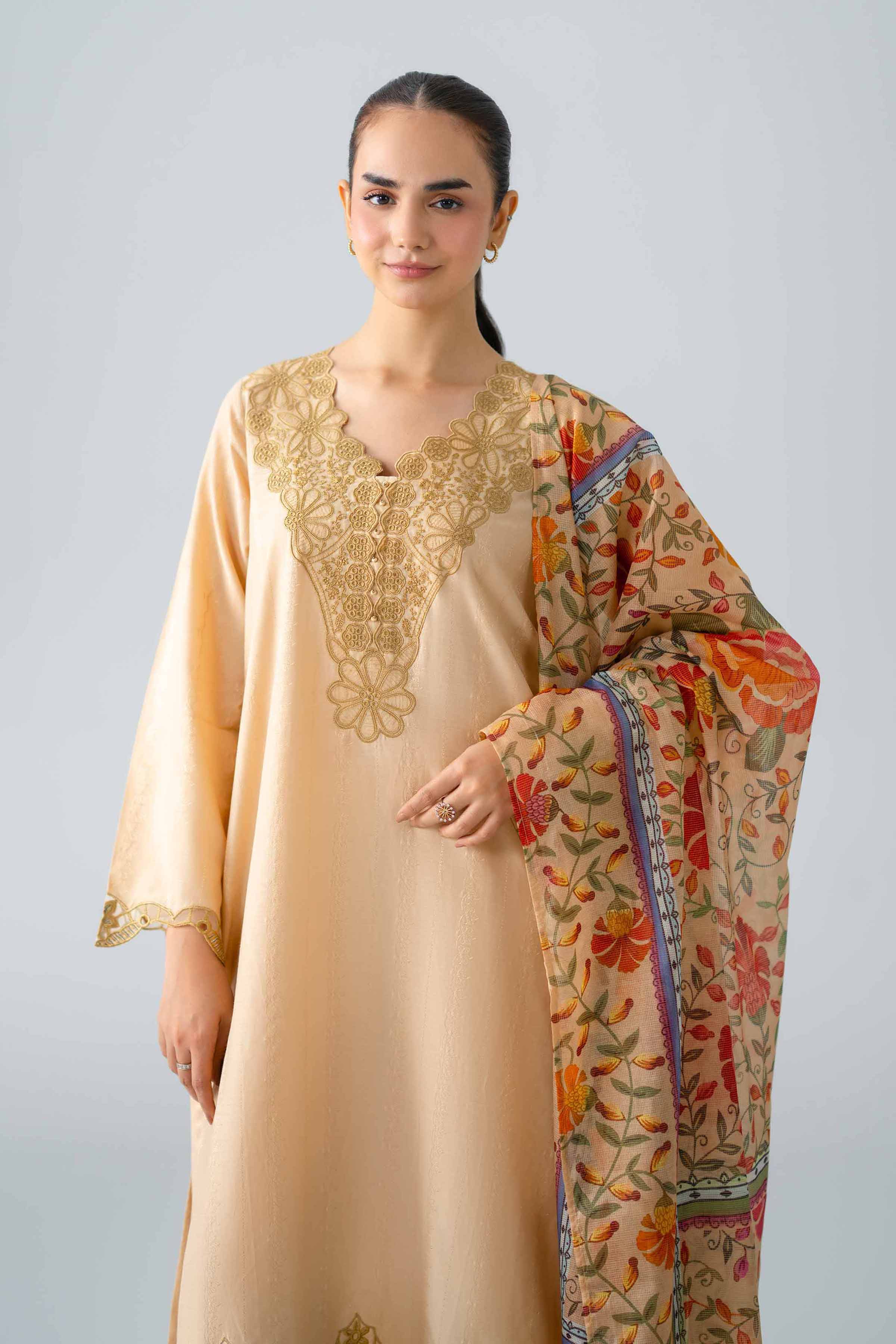 3 Piece - Embroidered Suit - PE26-118 Beige Jacquard 3PC Embroidered READY TO WEAR