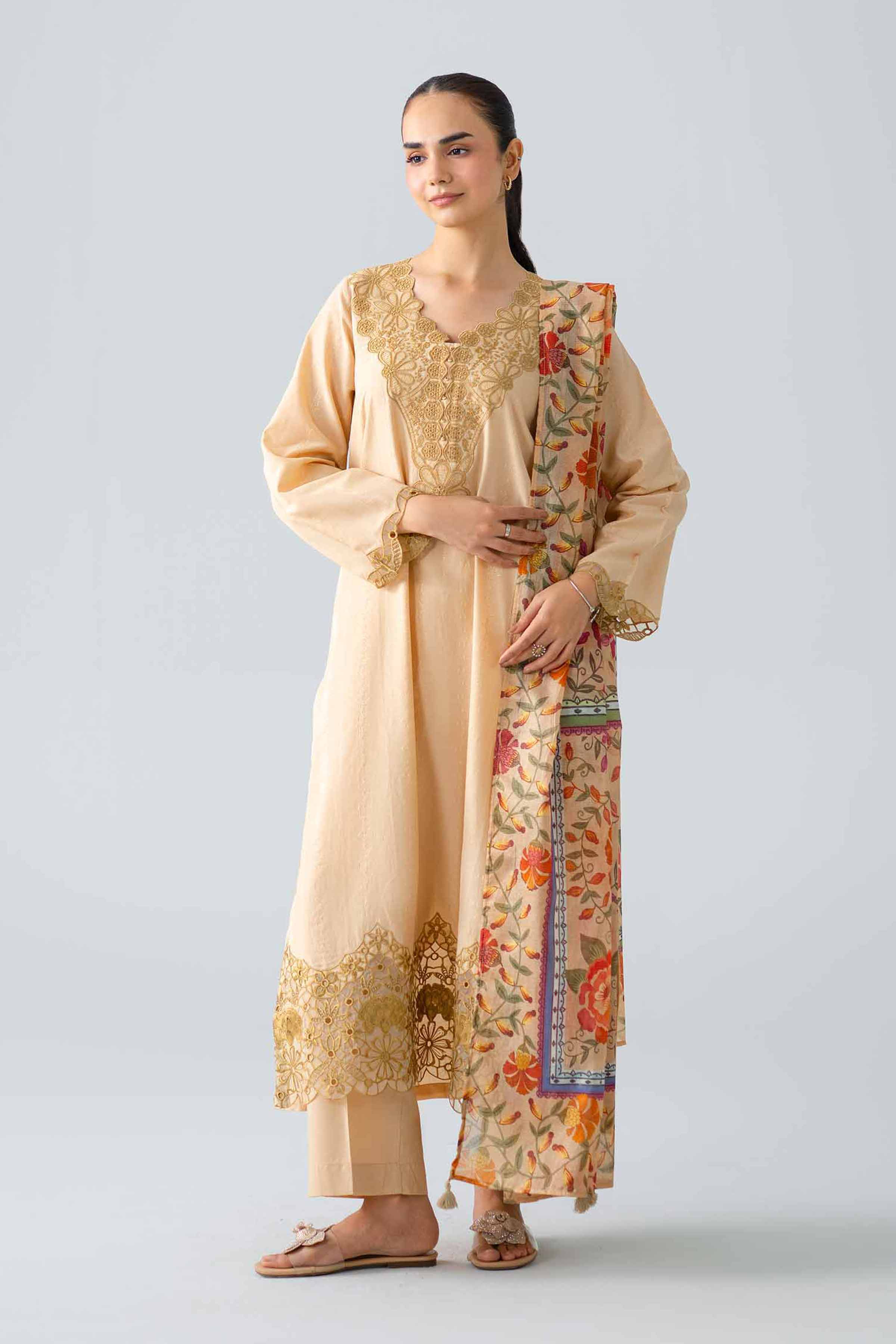 3 Piece - Embroidered Suit - PE26-118 Beige Jacquard 3PC Embroidered READY TO WEAR