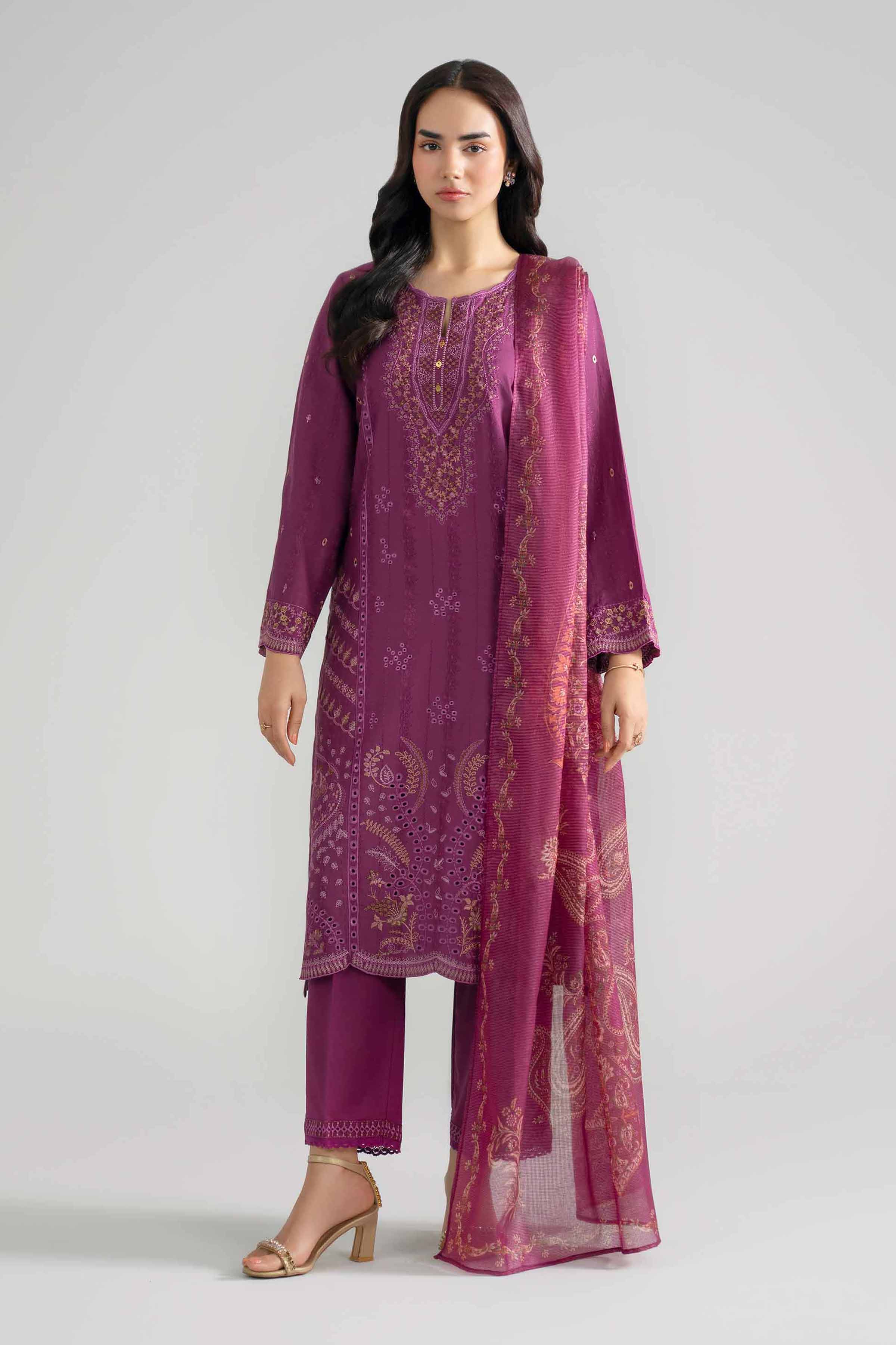 3 Piece - Embroidered Suit - PE26-119 Purple Jacquard 3PC Embroidered READY TO WEAR