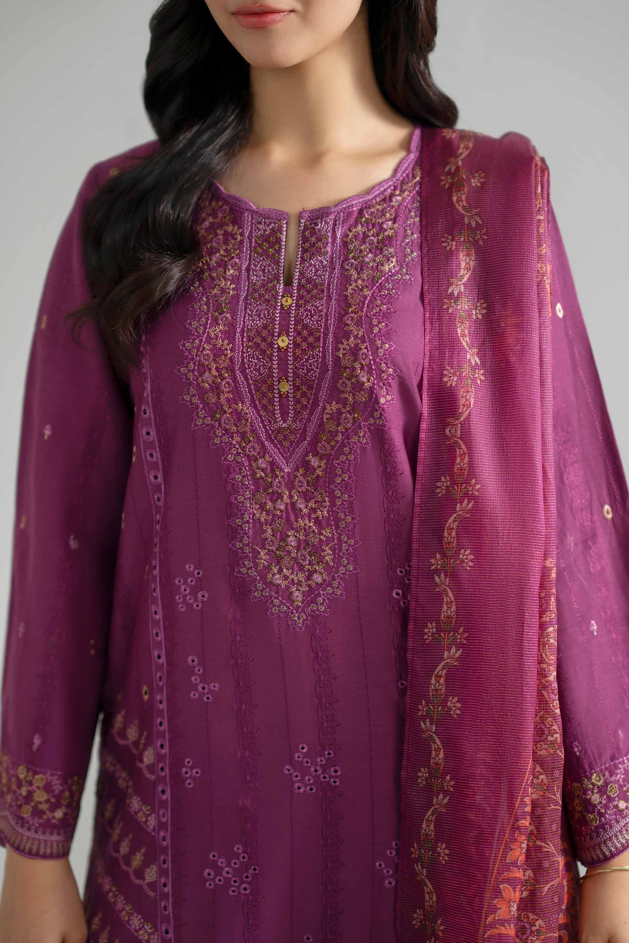3 Piece - Embroidered Suit - PE26-119 Purple Jacquard 3PC Embroidered READY TO WEAR