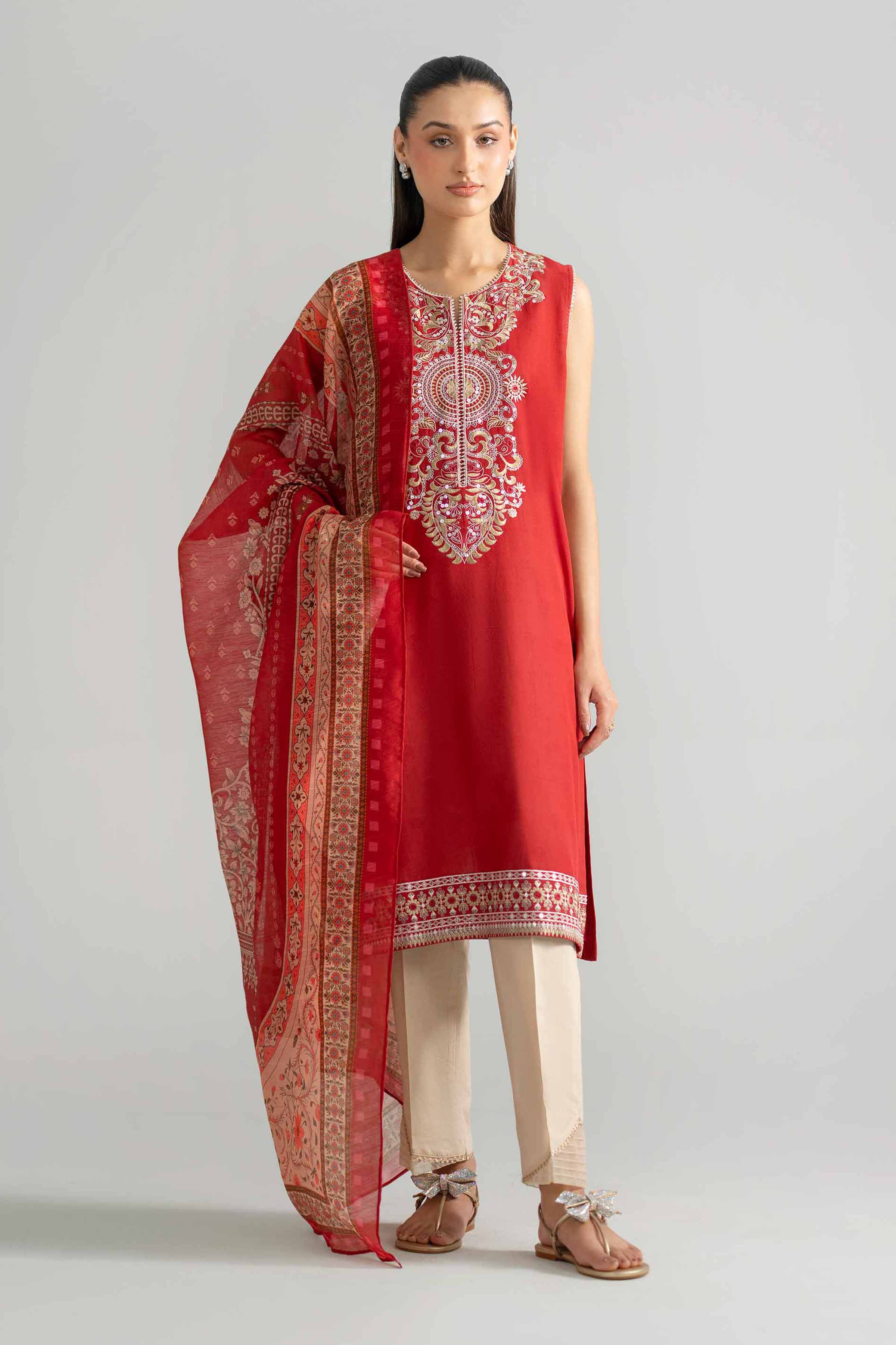 2 Piece - Embroidered Suit - PE26-128 Red Jacquard 2PC Embroidered READY TO WEAR